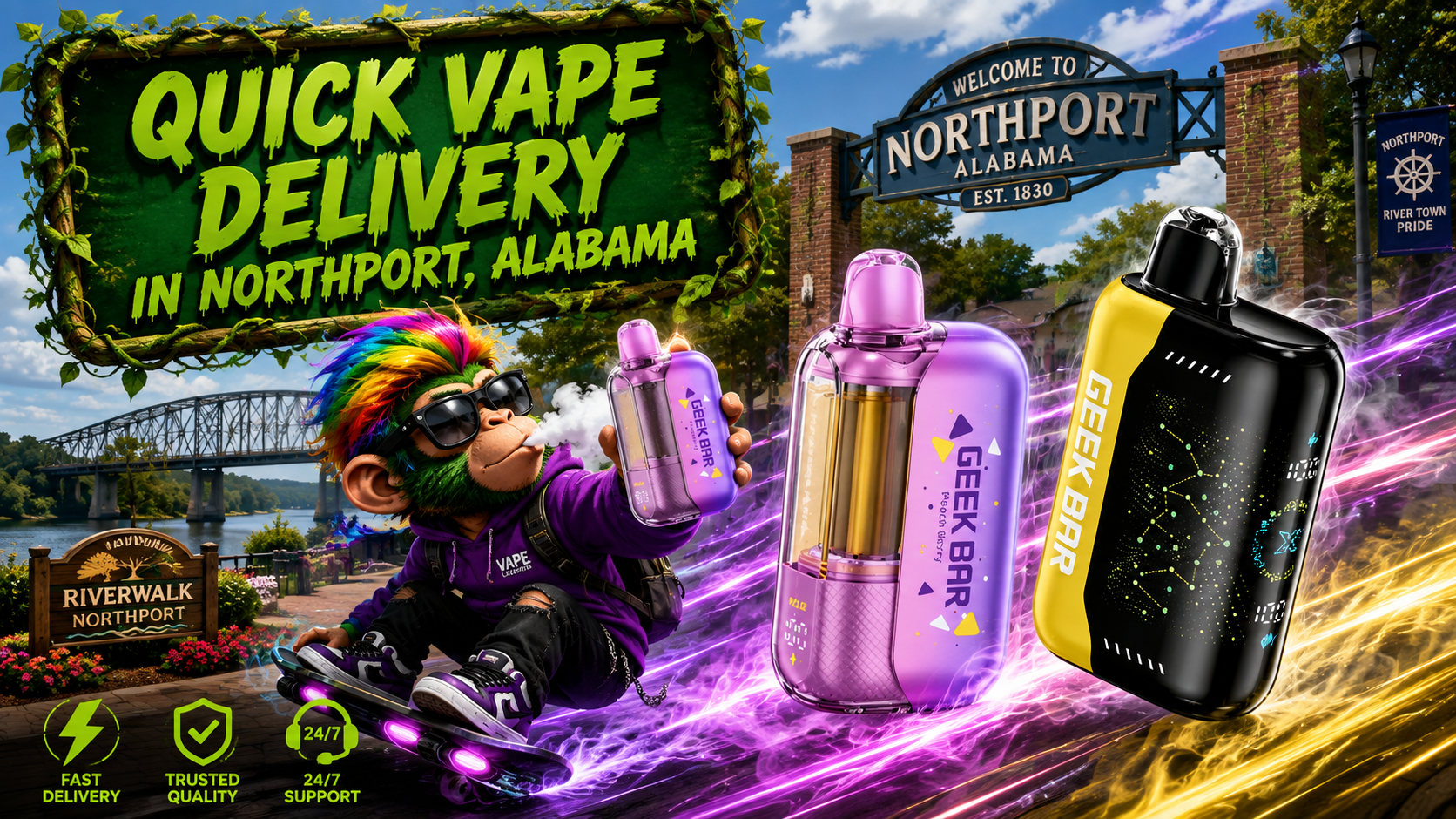 Modern Rechargeable Devices with Fast Delivery Two modern rechargeable devices with colorful light trails and a Northport city backdrop promoting fast delivery service.