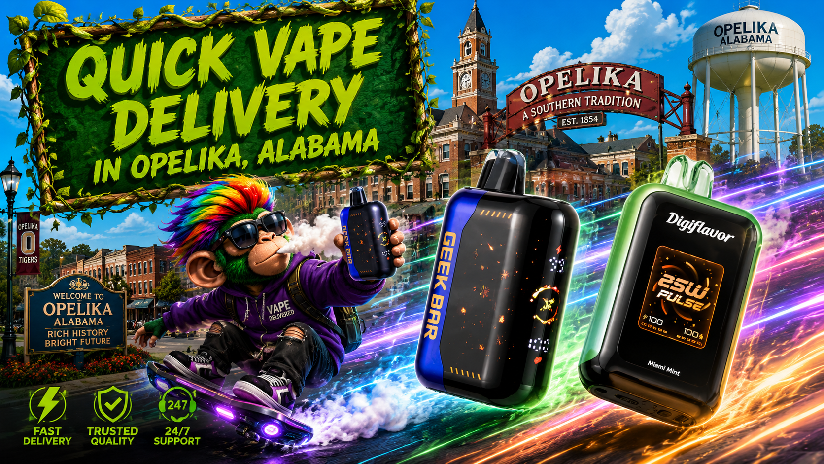 Fast Vape Delivery Banner with Modern Disposable Devices in Opelika Colorful delivery banner with modern disposable devices, city skyline, speed effects, and fast service icons in Opelika.
