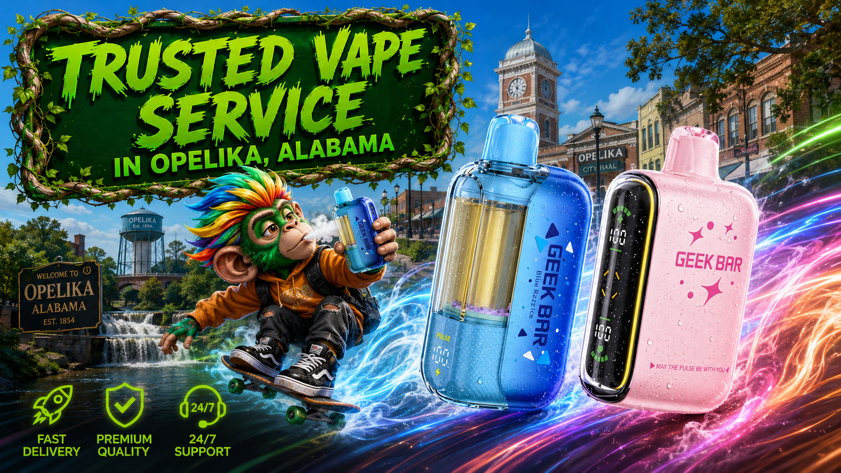 Modern Disposable Devices with Colorful City Delivery Scene Promotional artwork featuring modern disposable devices, vibrant energy trails, and a city backdrop with fast delivery elements.