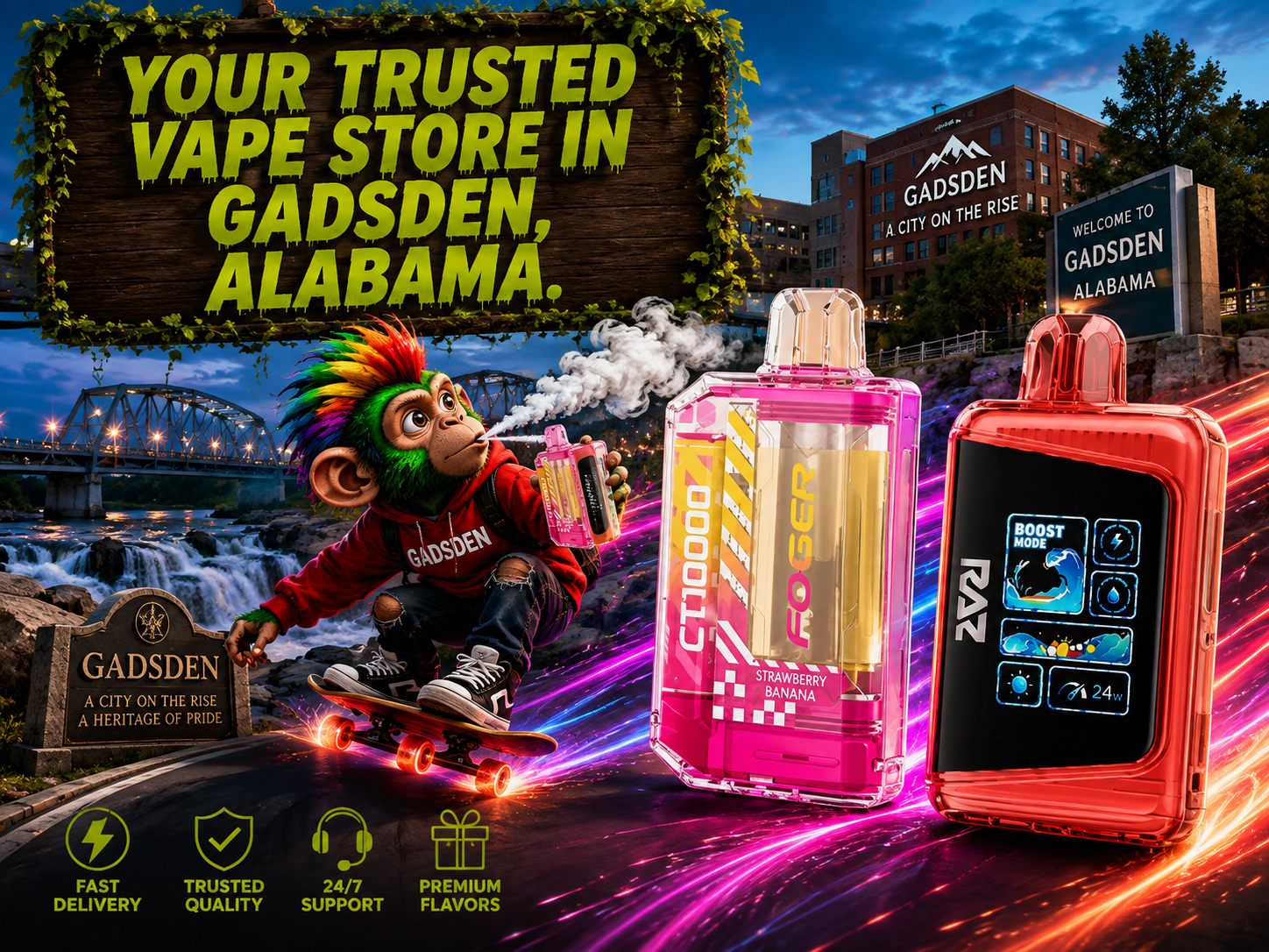 Rechargeable Devices with Fast Delivery in Gadsden Two rechargeable devices with colorful light trails and a Gadsden city backdrop highlighting fast delivery service.