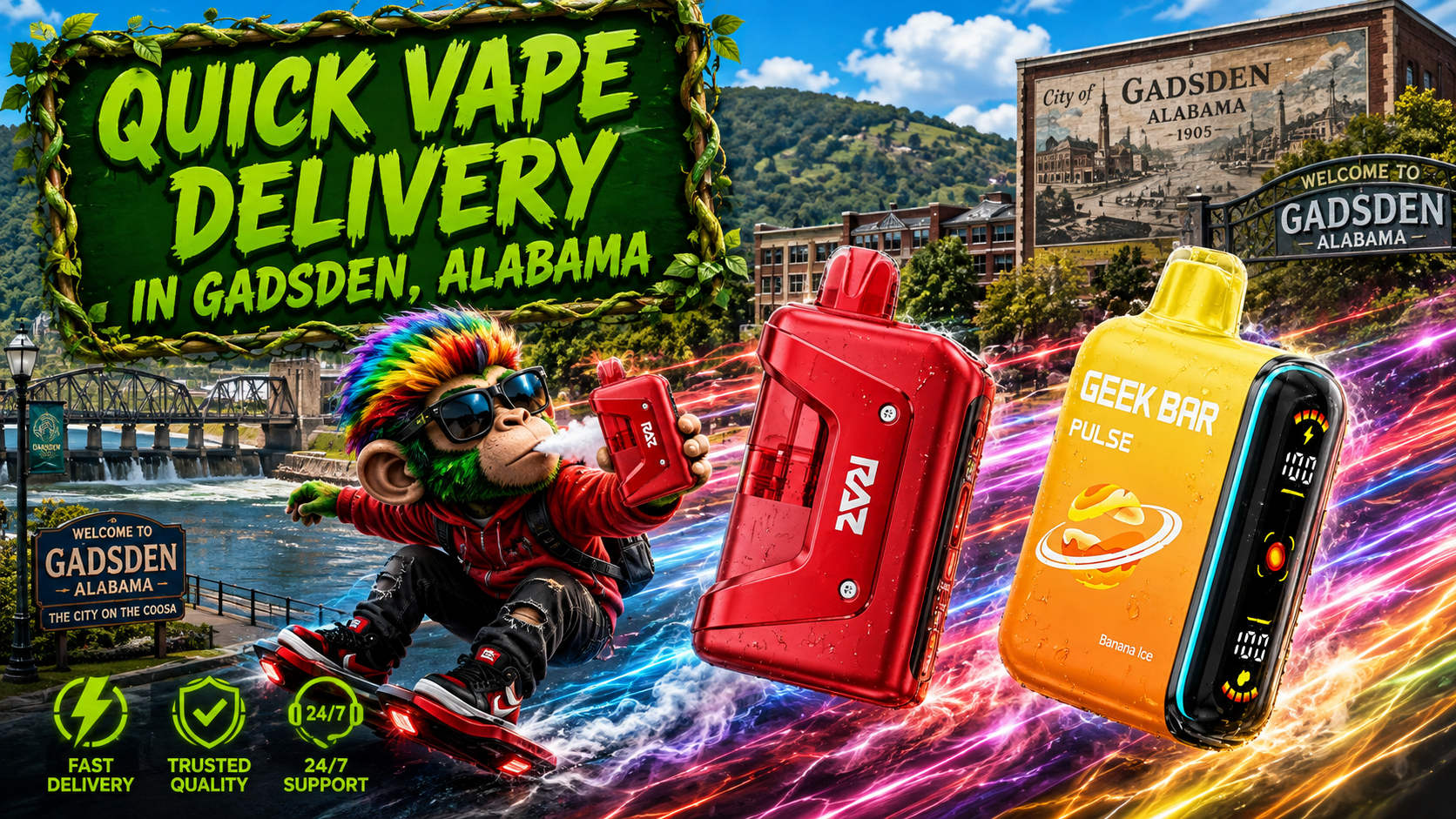 Rechargeable Devices with Fast Delivery in Gadsden Two rechargeable devices with colorful light trails and a Gadsden city backdrop promoting fast delivery service.
