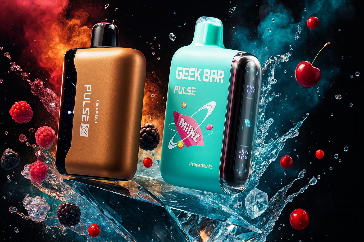 A high-impact promotional graphic featuring two disposable vapes: a bronze Pulse X and a turquoise Geek Bar Pulse in "PepperMintz" flavor. The devices are positioned atop a bed of sharp, crystalline ice shards, surrounded by a dynamic splash of water and colorful cosmic energy. Fresh berries, including raspberries, blackberries, and cherries, are frozen in mid-air around the vapes, emphasizing a fresh and fruity flavor profile. The background uses a striking contrast of fiery orange and cool cyan nebulae, creating a "fire and ice" aesthetic that highlights the intensity of the products.