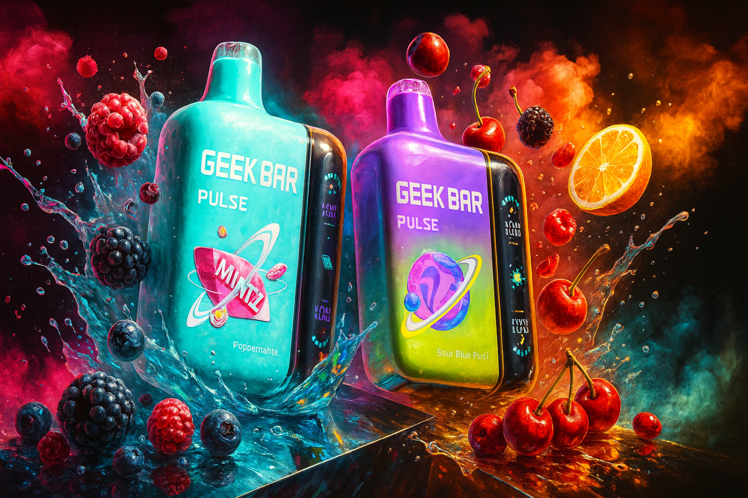 A vivid promotional visual featuring two Geek Bar Pulse disposable vapes set against a backdrop of exploding colors. On the left, a turquoise device is surrounded by a cool water splash and a variety of forest berries, including blackberries and raspberries. On the right, a purple and lime-green device is enveloped in warm orange smoke and a cascade of cherries and a sliced citrus orange. Both devices feature cosmic, planet-like graphics on their labels. The composition uses a split-color scheme of magenta and electric blue versus fiery orange, creating an intense, high-energy atmosphere that highlights the diversity of the fruit flavors.