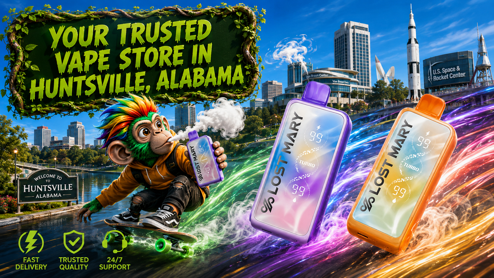 Modern disposable vape devices with colorful futuristic city background Modern disposable vape devices with vibrant energy trails and a futuristic city scene promoting fast delivery.