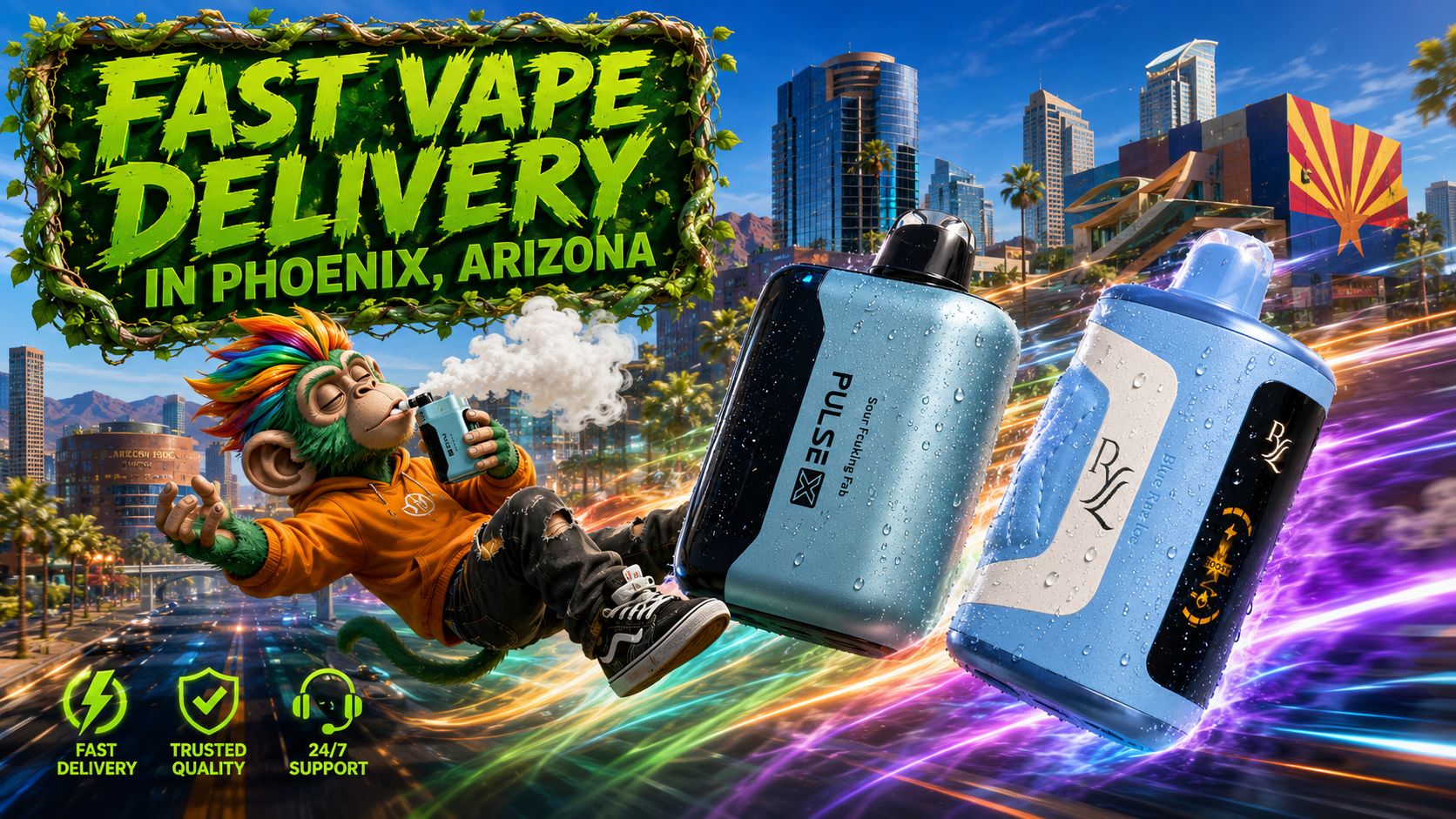 Fast Vape Delivery in Phoenix, Arizona with Disposable Vape Devices Modern disposable vape devices with a fast delivery theme and a vibrant Phoenix, Arizona skyline.
