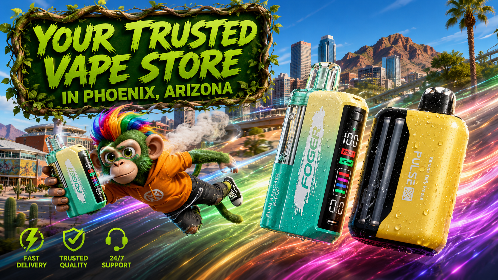 Trusted Vape Store in Phoenix, Arizona with Disposable Vape Devices Modern disposable vape devices with a trusted store theme and a vibrant Phoenix, Arizona city backdrop.