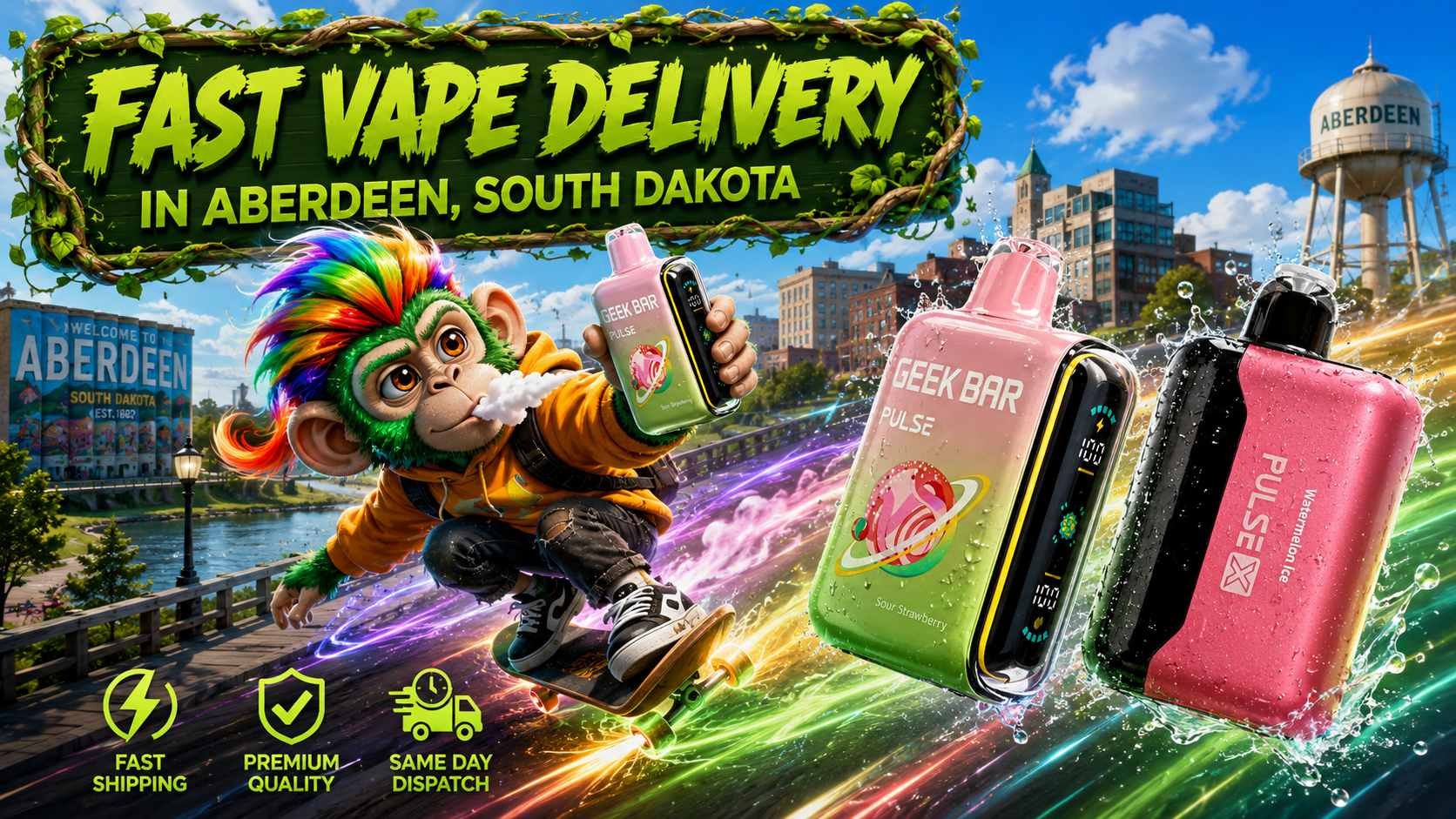 A vibrant promotional banner featuring Geek Bar Pulse disposable vapes covered in water droplets, a colorful monkey character riding a skateboard, and dynamic neon speed trails. The daytime Aberdeen, South Dakota cityscape includes local signage, downtown buildings, and the Aberdeen water tower, along with icons highlighting fast shipping, premium quality, and same-day dispatch.
