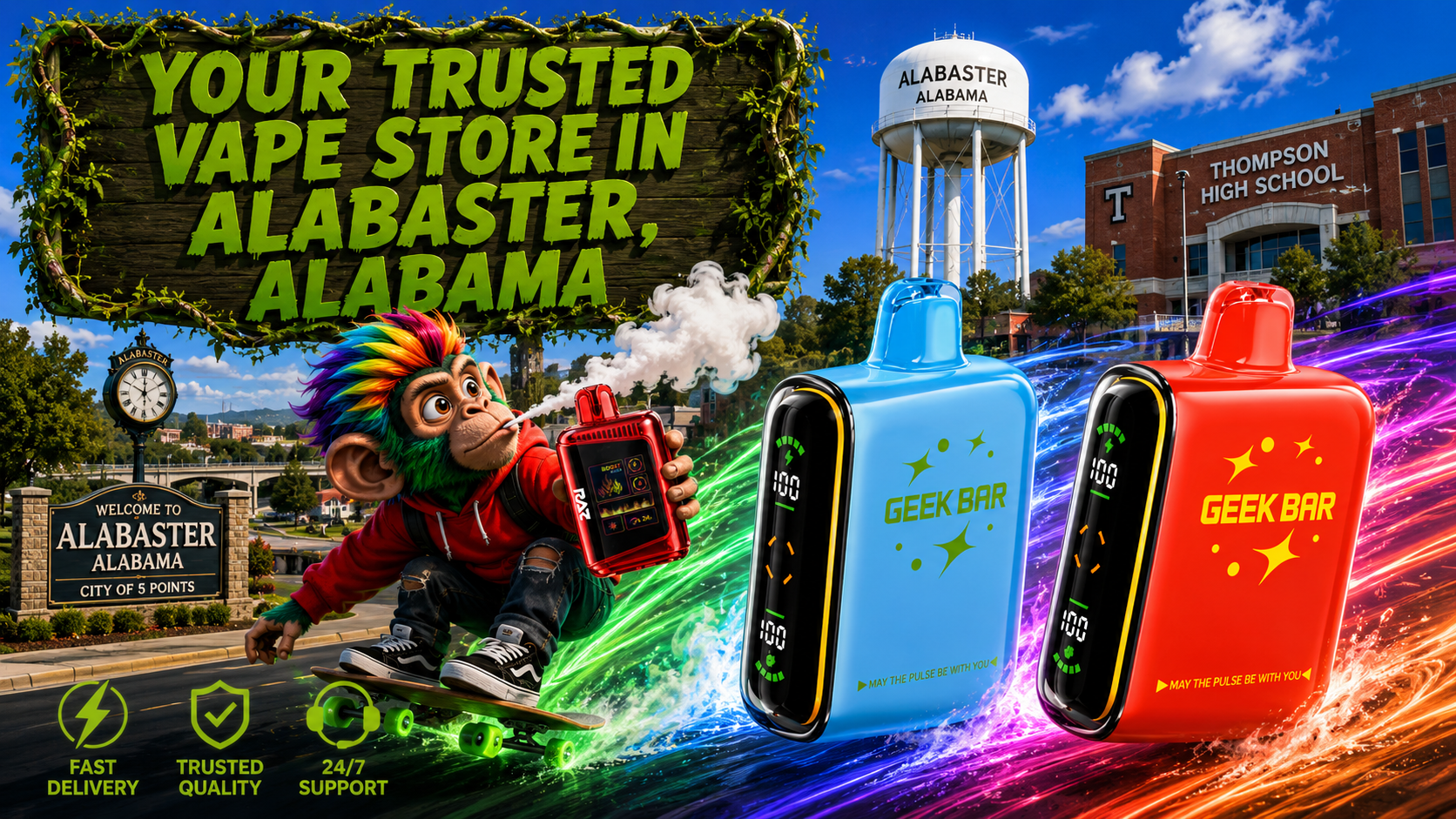 Three rechargeable devices with vibrant light trails and an Alabaster city backdrop highlighting fast delivery service.