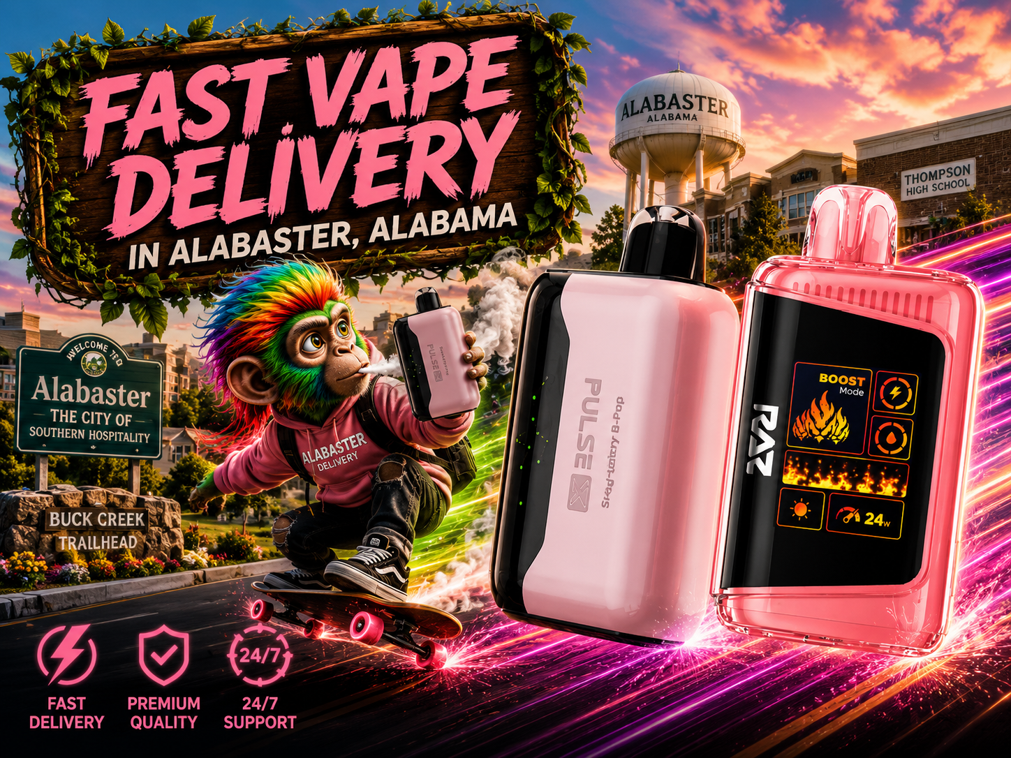 Two rechargeable devices with colorful light trails and an Alabaster city backdrop promoting fast delivery service.