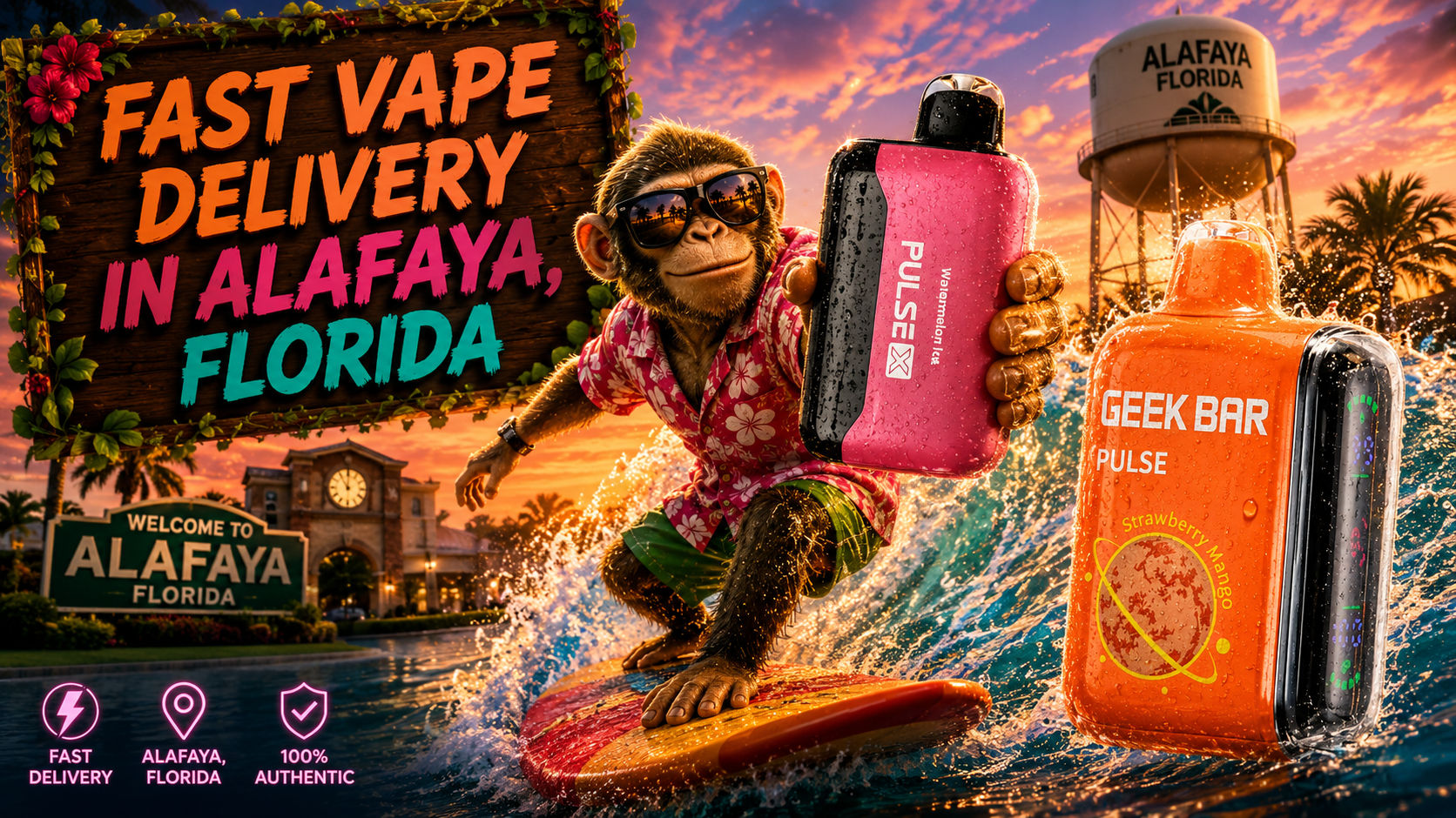 Bright vape devices with water droplets, a surfing character, and &ldquo;Fast Vape Delivery in Alafaya, Florida&rdquo; sign.