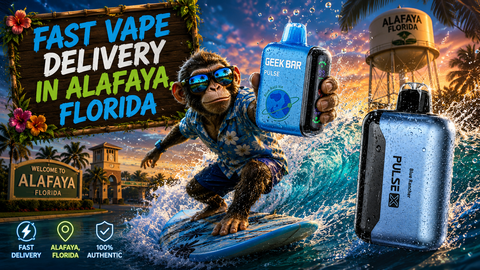 Blue vape devices with water droplets, a surfing character, and &ldquo;Fast Vape Delivery in Alafaya, Florida&rdquo; text.