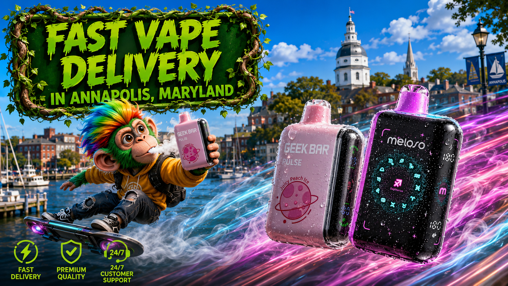 A vibrant promotional banner showcasing fast vape delivery in Annapolis, Maryland. Two premium Geek Bar disposable vapes with water droplets race through colorful energy trails above the scenic Annapolis waterfront, while a playful flying mascot rides a futuristic hoverboard holding a Geek Bar device. The background features iconic Annapolis landmarks beneath a bright blue sky, with bold green typography highlighting fast vape delivery, premium quality, and 24/7 customer support.