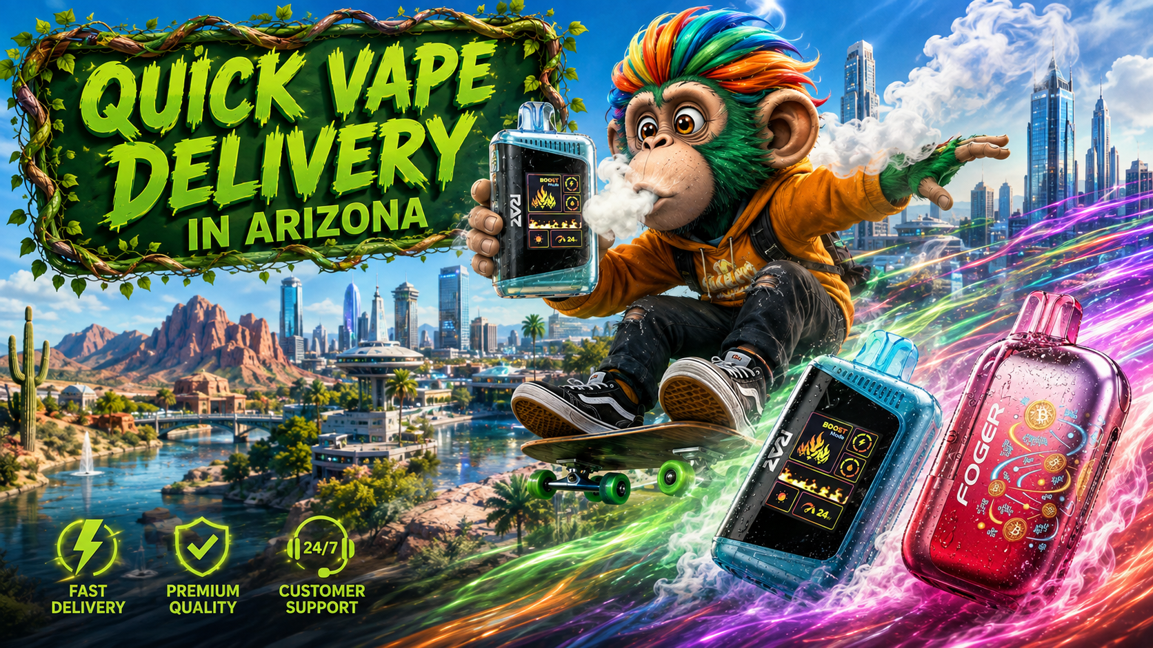 Fast Vape Delivery in Arizona with Modern Disposable Devices Colorful disposable vape devices with a fast delivery theme, futuristic city skyline, and desert landscape in Arizona.