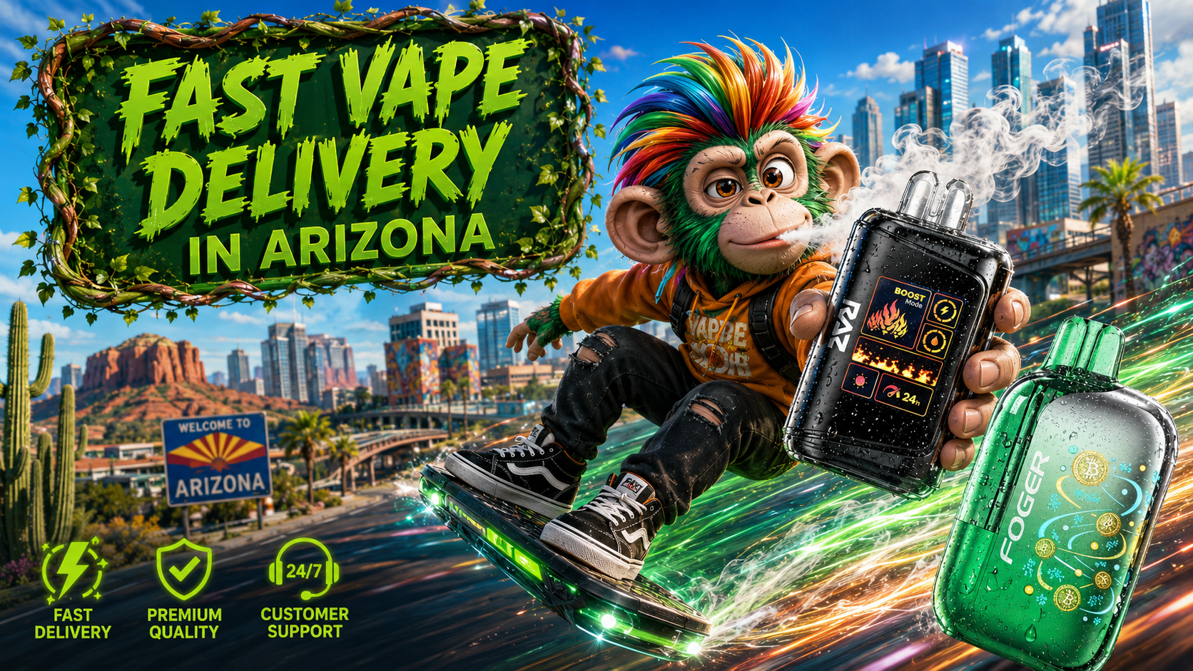 Fast Vape Delivery in Arizona with Modern Disposable Vape Devices Modern disposable vape devices with a fast delivery theme, colorful city skyline, and Arizona desert scenery.