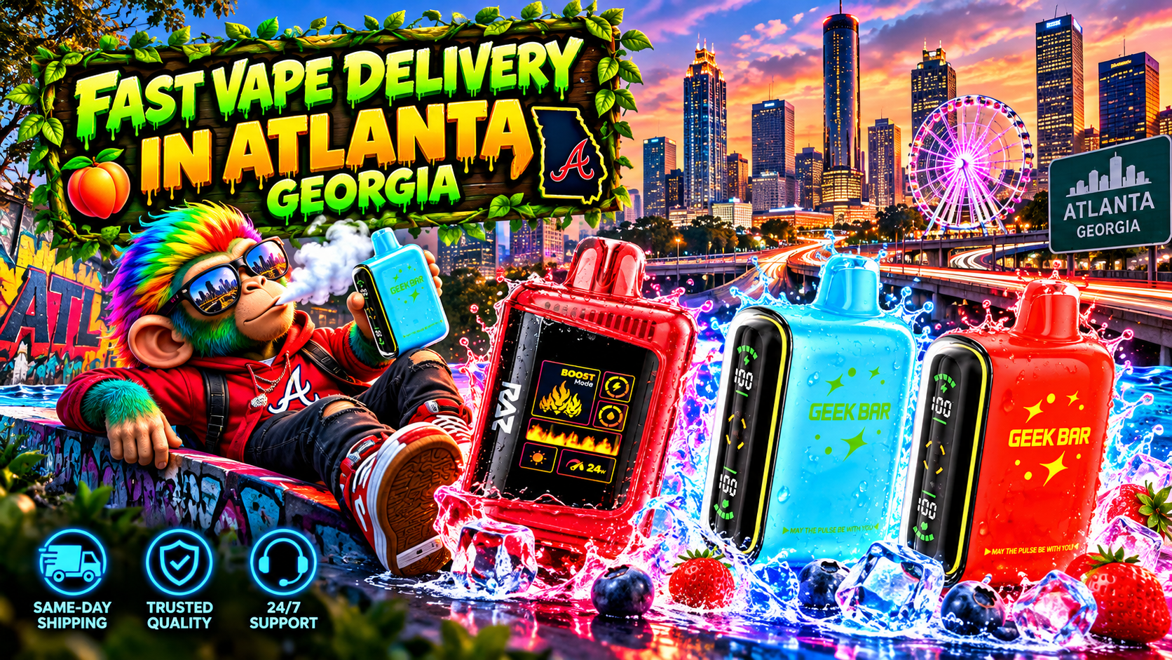 Fast Device Delivery in Atlanta, Georgia Colorful water-splashed devices stand against a glowing Atlanta skyline with vivid energy effects.