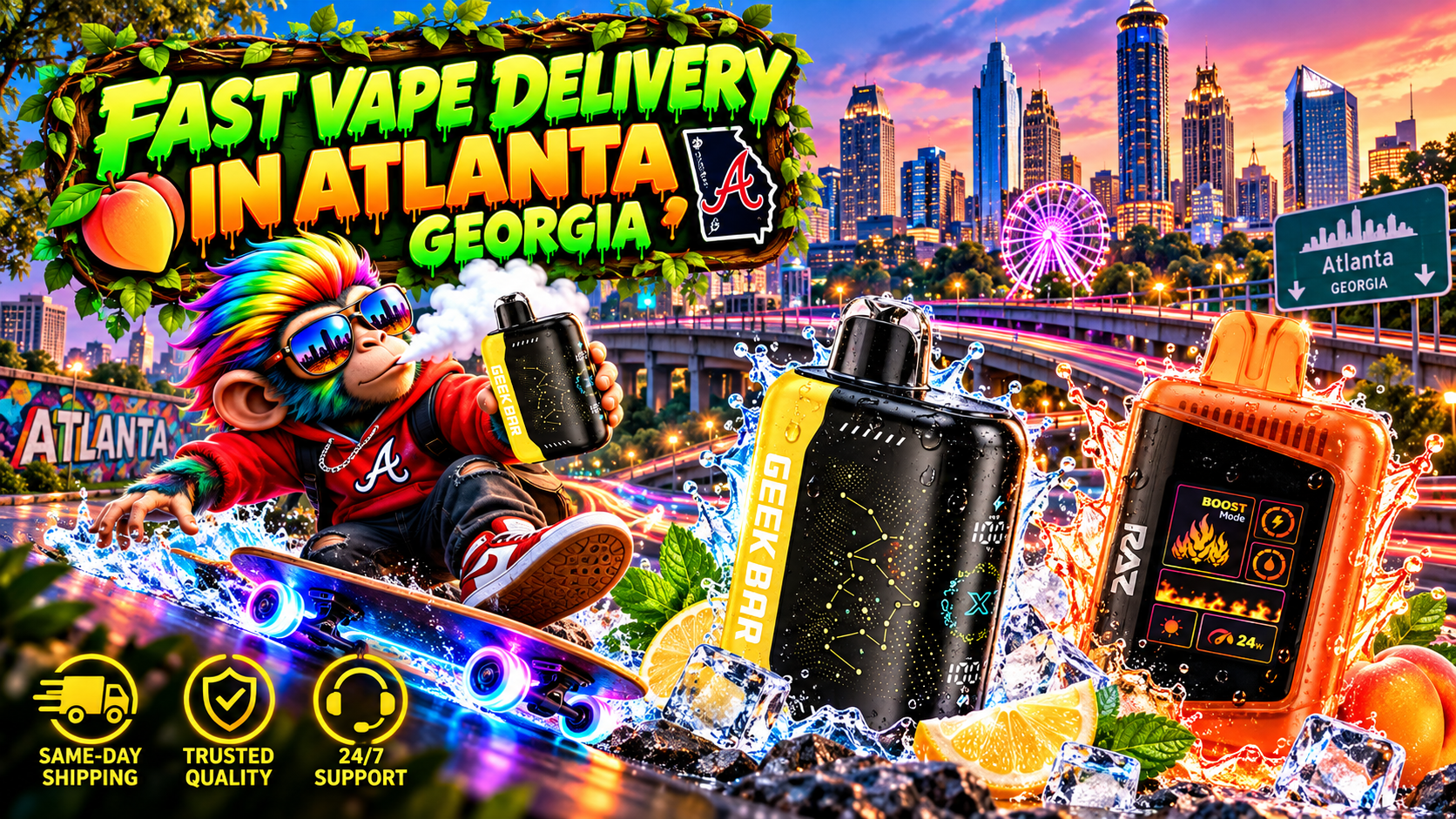 Fast Device Delivery in Atlanta, Georgia Water-splashed devices glow against the Atlanta skyline with colorful light trails and a playful character.