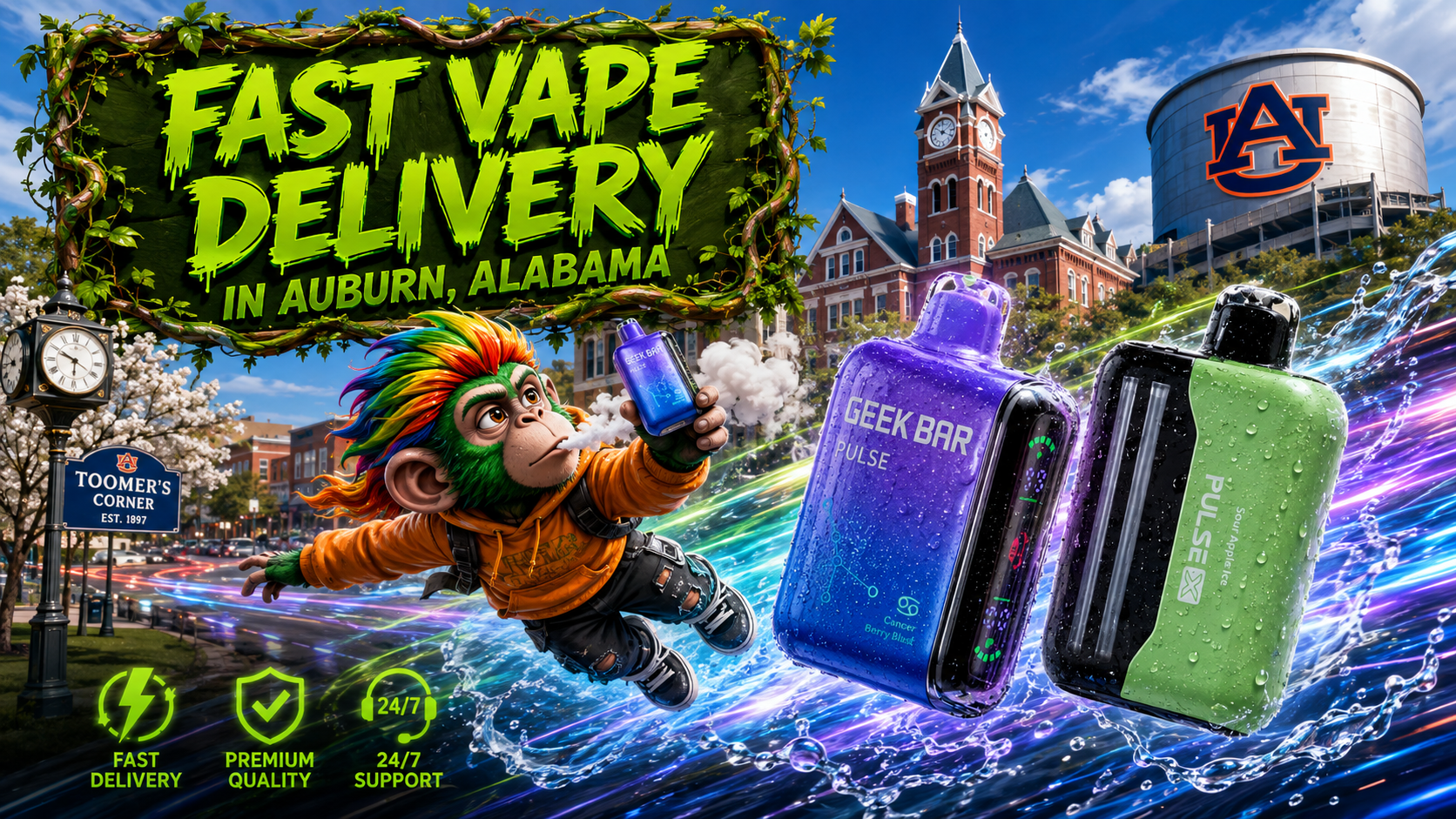 Disposable Vape Collection in Auburn, Alabama Colorful disposable vape devices with dynamic energy effects against the Auburn, Alabama skyline and local landmarks.