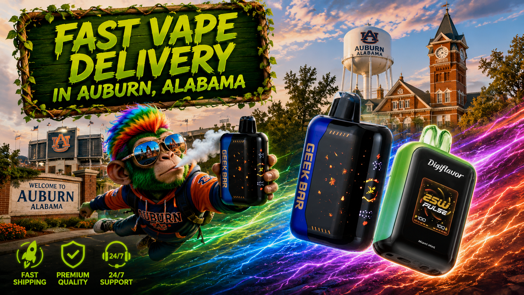 Disposable Vape Display in Auburn, Alabama Disposable vape devices with vibrant energy trails set against iconic Auburn, Alabama landmarks in a colorful city scene.