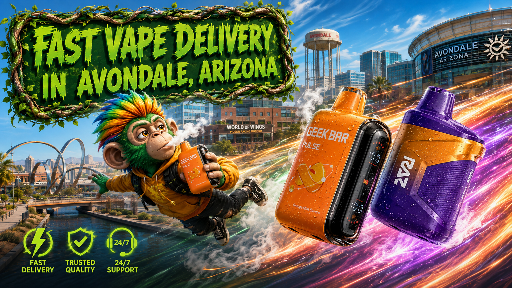 Fast Disposable Vape Delivery in Avondale, Arizona Colorful disposable vape devices with a fast delivery theme and Avondale city skyline in a vibrant promotional illustration.
