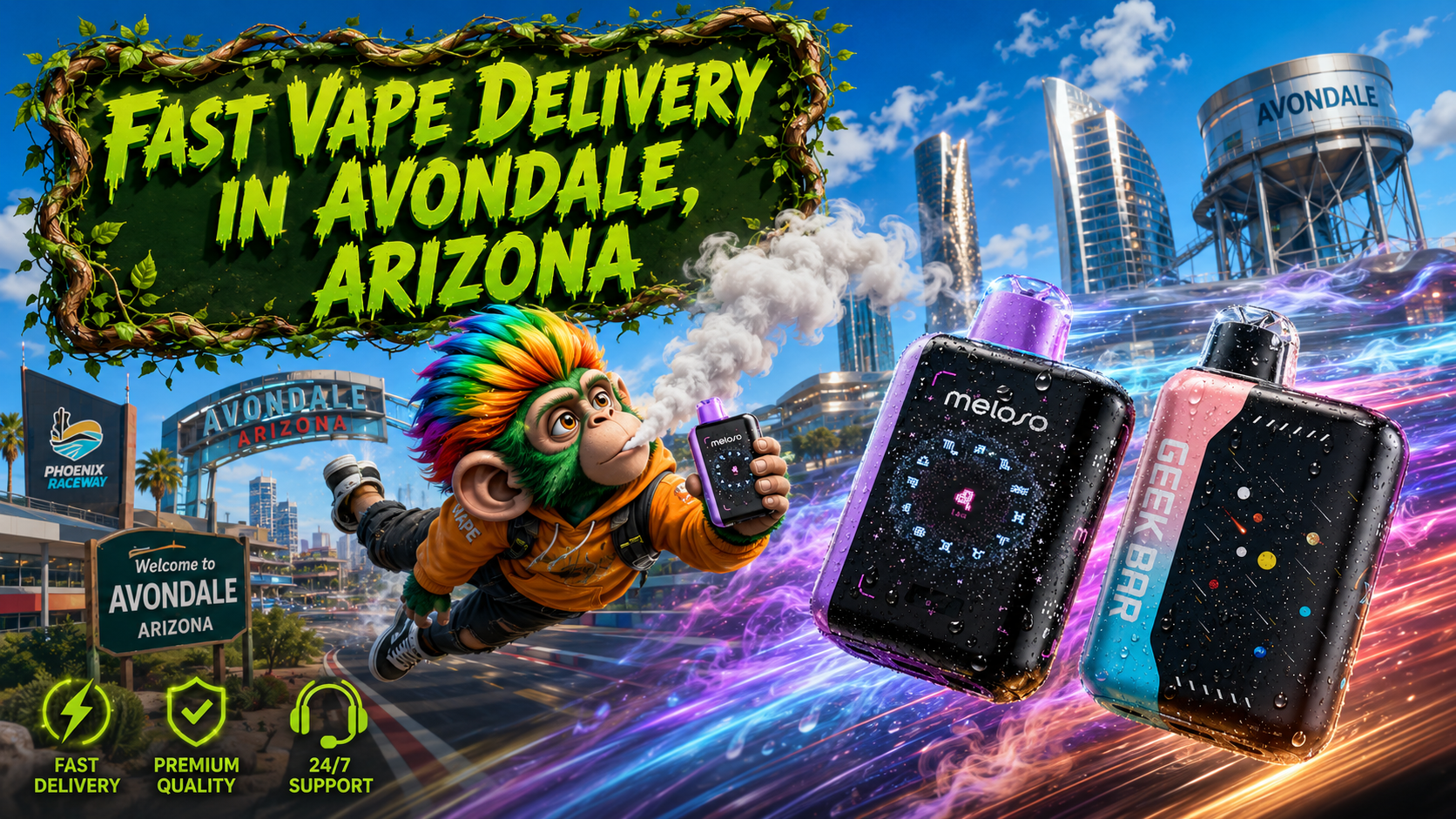 Fast Disposable Vape Delivery in Avondale, Arizona Colorful disposable vape devices with a fast delivery theme against the Avondale skyline in a vibrant city scene.