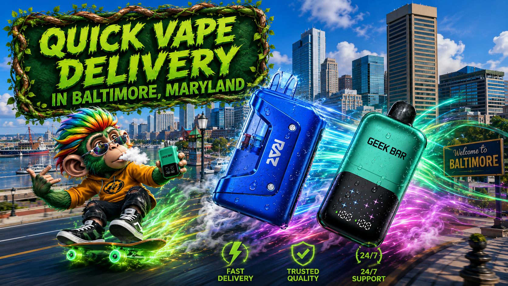Quick Vape Delivery in Baltimore, Maryland | Premium Disposable Vapes A vibrant promotional banner for quick vape delivery in Baltimore, Maryland, featuring the Baltimore skyline, a colorful skateboarding monkey, and premium disposable vape devices from RAZ and Geek Bar with glowing energy trails. Water droplets, futuristic visual effects, and service icons emphasize fast shipping, trusted quality, and 24/7 customer support from a reliable online vape shop with a wide selection of disposable vapes.