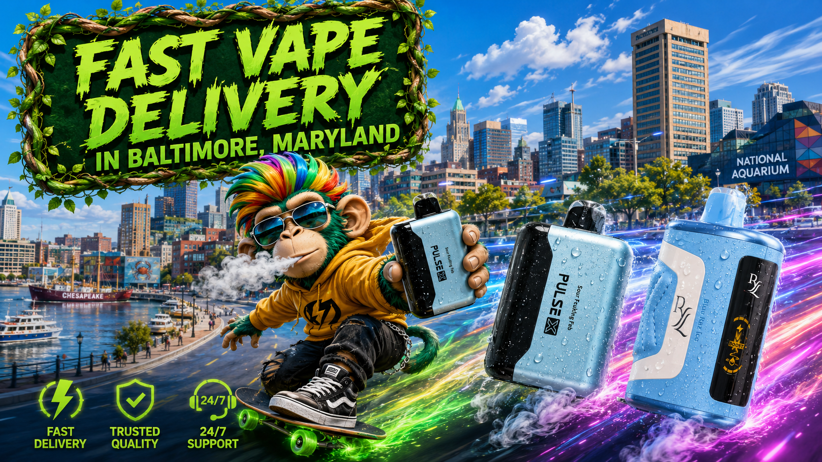 Fast Vape Delivery in Baltimore, Maryland | Disposable Vapes Online A colorful promotional banner showcasing fast vape delivery in Baltimore, Maryland, featuring a vibrant city skyline, a stylish monkey riding a skateboard, and premium disposable vapes with water droplets. Neon energy trails, service icons, and recognizable Baltimore landmarks highlight fast shipping, trusted quality, and 24/7 customer support from a reliable online vape shop.