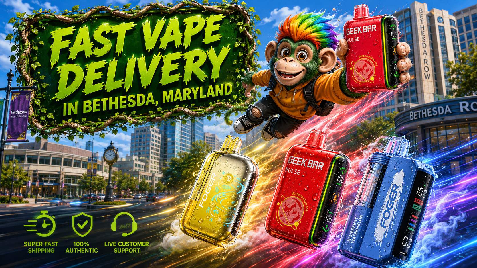 Colorful promotional banner for fast vape delivery in Bethesda, Maryland, featuring a cheerful flying mascot holding a red Geek Bar Pulse disposable vape above a modern Bethesda cityscape. The image showcases premium disposable vapes from Geek Bar and Foger with water droplets, dynamic neon energy trails, and icons representing super fast shipping, authentic products, and live customer support.