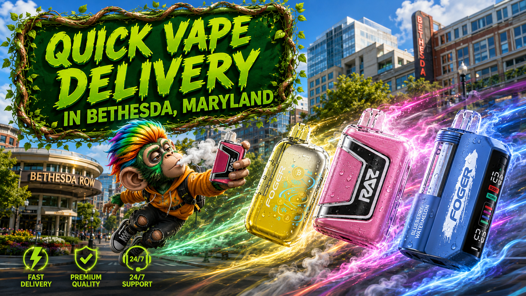 Eye-catching promotional banner for quick vape delivery in Bethesda, Maryland, featuring a colorful flying mascot holding a disposable vape in front of the Bethesda Row district. The artwork highlights premium disposable vapes from RAZ and Foger with realistic water droplets, vibrant energy trails, and colorful smoke effects, alongside icons representing fast delivery, premium quality, and 24/7 customer support.