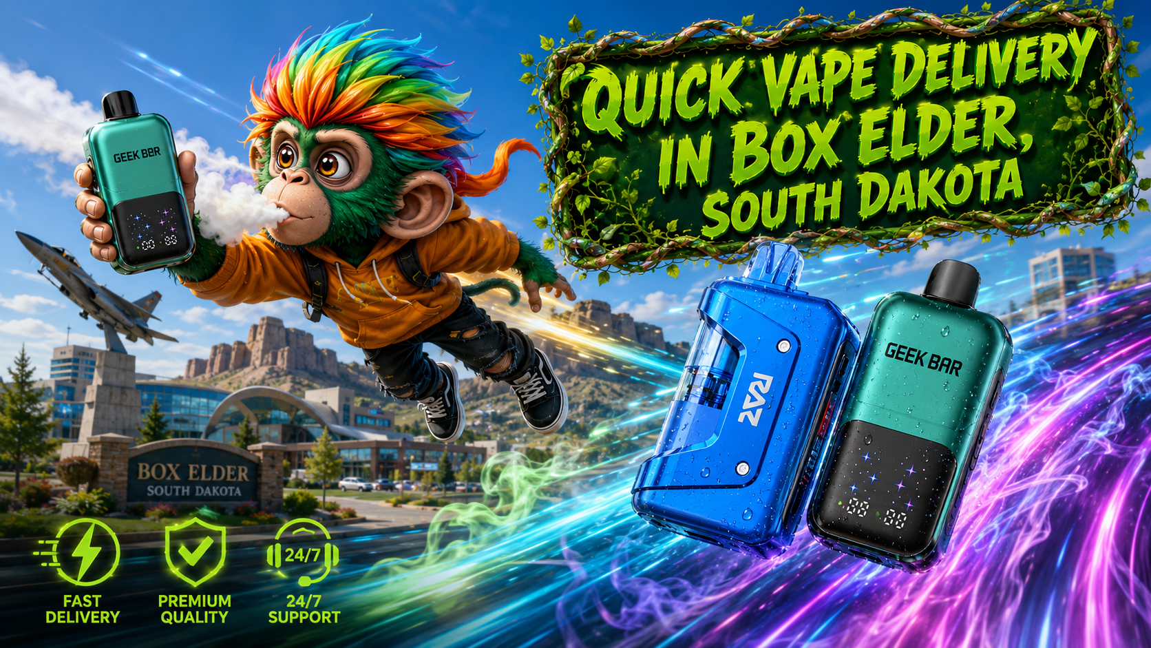 Quick Vape Delivery in Box Elder, South Dakota A vibrant promotional banner featuring premium disposable vapes with water droplets, a colorful flying monkey character holding a Geek Bar vape, and a bright daytime cityscape inspired by Box Elder, South Dakota. Colorful energy trails, modern landmarks, and service icons emphasize quick vape delivery, premium quality, and reliable 24/7 customer support.