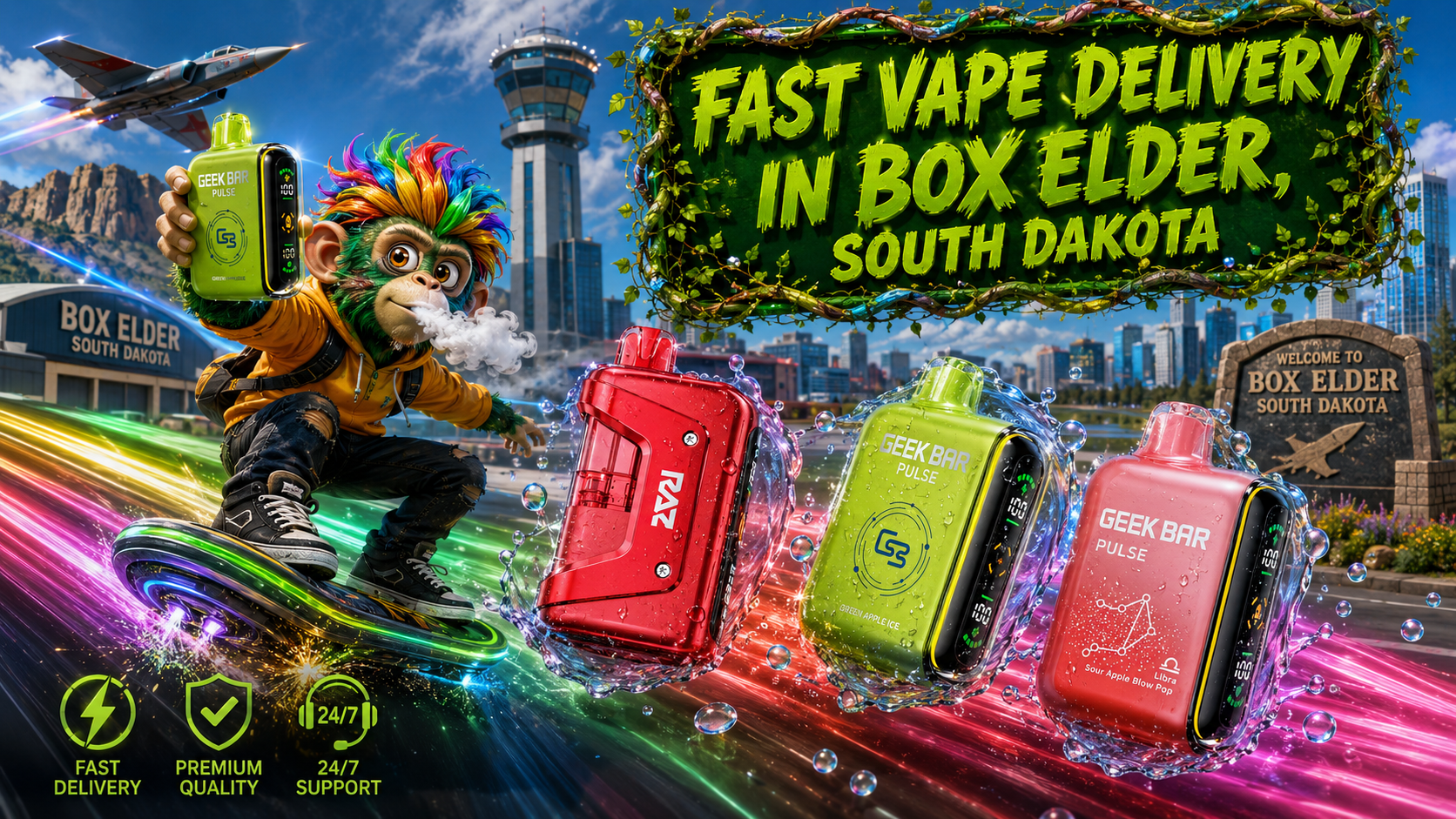 Fast Vape Delivery in Box Elder, South Dakota A colorful promotional banner featuring Geek Bar disposable vapes covered in water droplets, a vibrant monkey character riding a futuristic hoverboard, and a daytime cityscape inspired by Box Elder, South Dakota. The design highlights fast delivery, premium quality, and 24/7 support with bold green lettering framed by decorative vines.