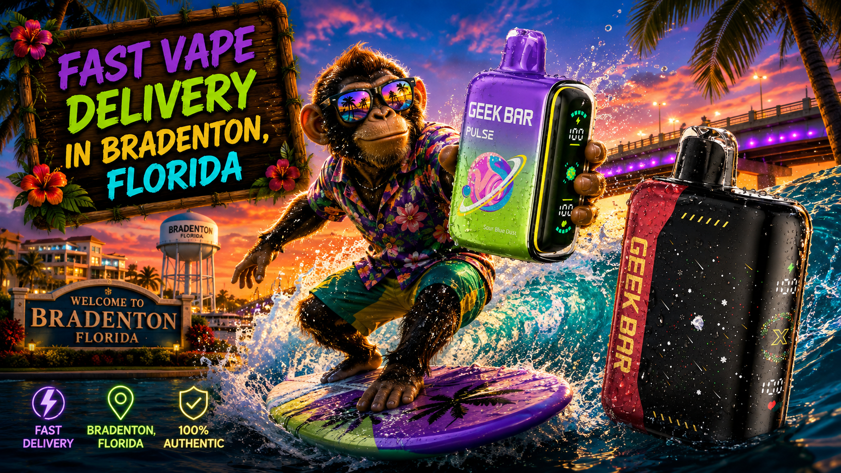 Water-dappled vape devices, a surfing character, and bold &ldquo;Fast Vape Delivery in Bradenton, Florida&rdquo; text.