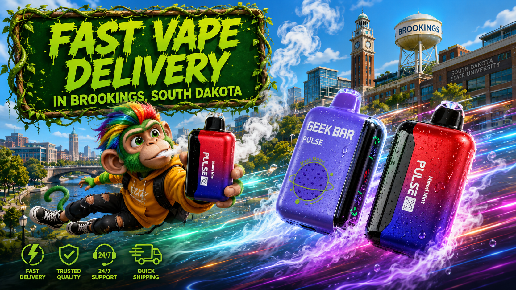 A colorful promotional banner for fast vape delivery in Brookings, South Dakota, featuring Geek Bar Pulse X disposable vapes with water droplets, vibrant energy trails, and a flying cartoon monkey character. The daytime city background includes recognizable Brookings elements such as South Dakota State University, a clock tower, and the Brookings water tower, along with service icons for fast delivery, trusted quality, 24/7 support, and quick shipping.