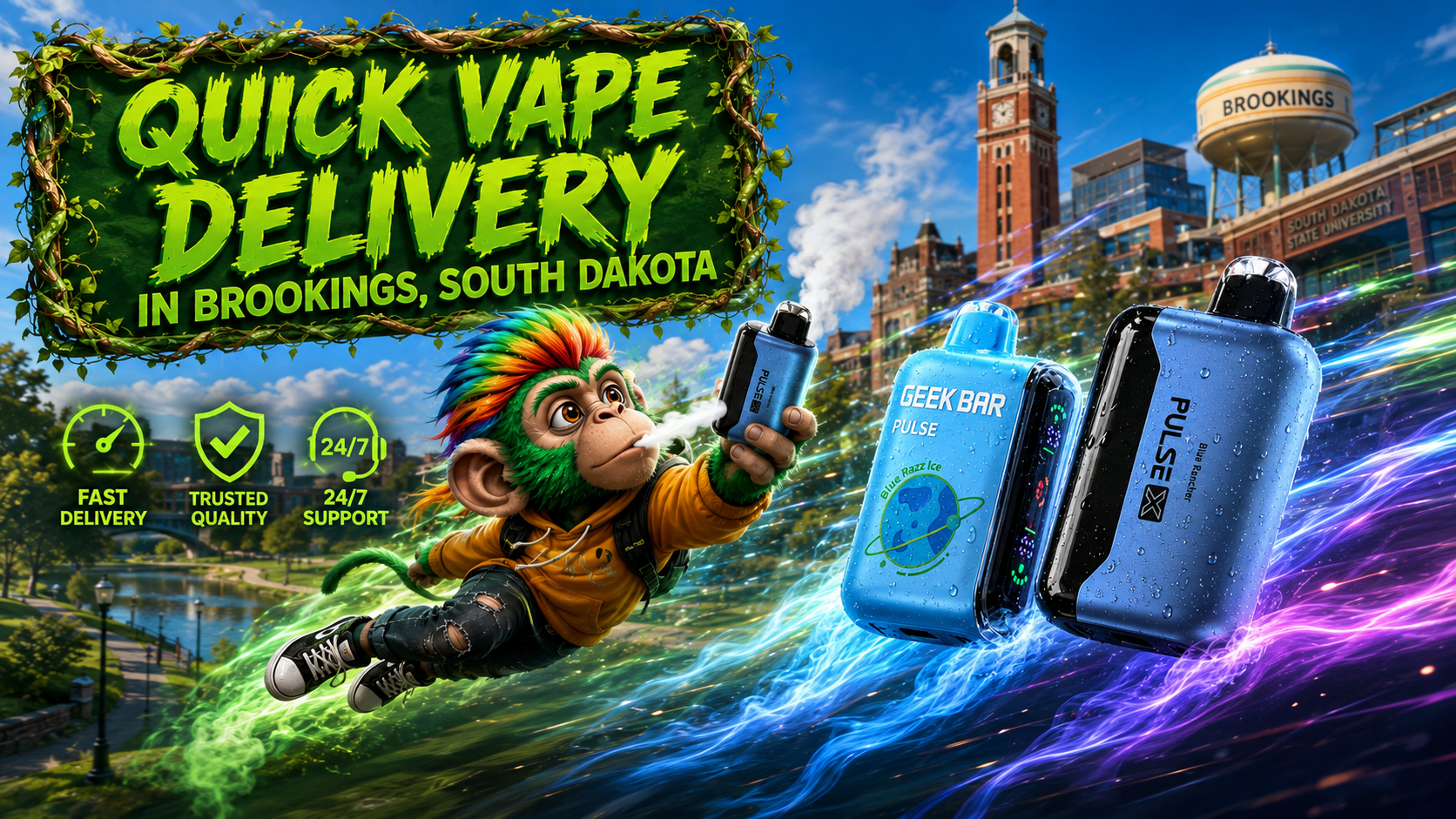 A vibrant promotional banner for Quick Vape Delivery in Brookings, South Dakota, featuring Geek Bar Pulse disposable vapes with sparkling water droplets and colorful energy trails racing across the scene. A cheerful cartoon monkey holds a vape device while flying through the city, with iconic Brookings landmarks including the South Dakota State University campus, the historic clock tower, and the Brookings water tower in the background. The design also highlights fast delivery, trusted quality, and 24/7 customer support, creating an energetic advertisement for an online vape shop.
