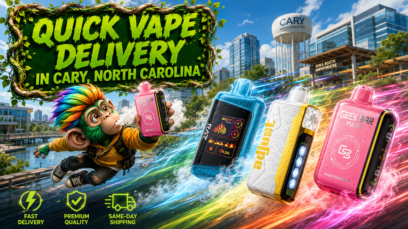 Quick Vape Delivery in Cary, North Carolina | Premium Disposable Vapes A vibrant promotional banner for Vapor Puffs featuring fast vape delivery in Cary, North Carolina. Colorful disposable vape devices with water droplets race through the city surrounded by glowing energy trails and vapor effects, while a cheerful mascot holds a pink Geek Bar Pulse vape. The background showcases recognizable Cary landmarks, including the Cary water tower and Koka Booth Amphitheatre, emphasizing fast shipping, premium quality, and a wide selection of authentic disposable vapes.