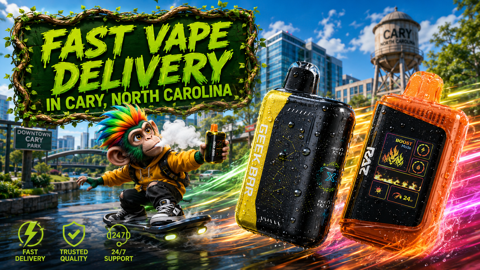 Fast Vape Delivery in Cary, North Carolina | Premium Disposable Vapes A dynamic promotional banner advertising fast vape delivery in Cary, North Carolina. Two premium disposable vapes with realistic water droplets speed through the city with vibrant neon energy trails, while a colorful mascot rides a futuristic hoverboard holding a vape device. The background features recognizable Cary landmarks, including the Cary water tower and Downtown Cary Park, highlighting a trusted online vape shop with authentic disposable vapes, same-day shipping, and fast delivery within 1–5 business days.