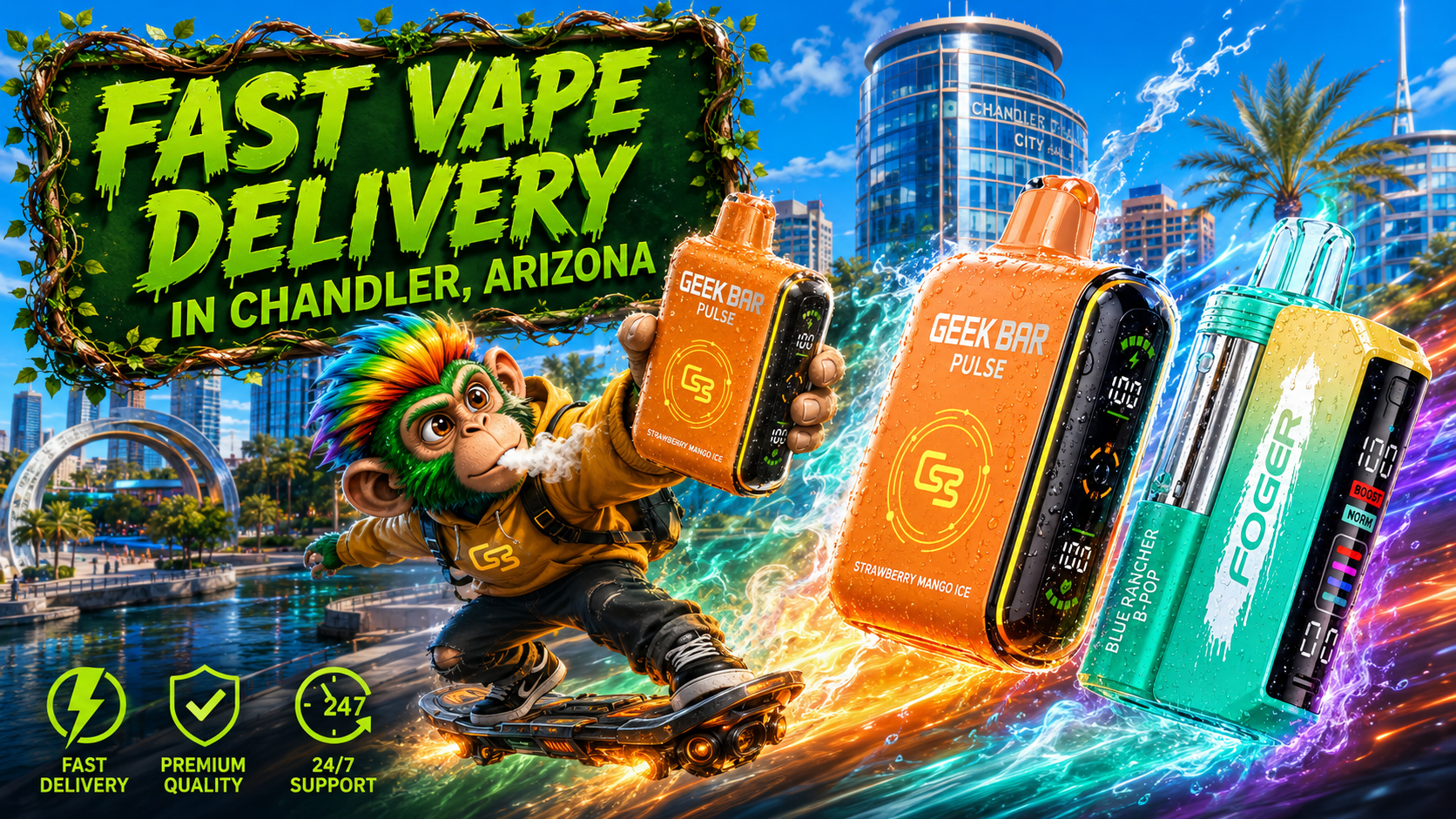 Fast Vape Delivery in Chandler, Arizona with Disposable Vape Devices Disposable vape devices with a fast delivery theme, colorful water effects, and a modern Chandler, Arizona skyline.