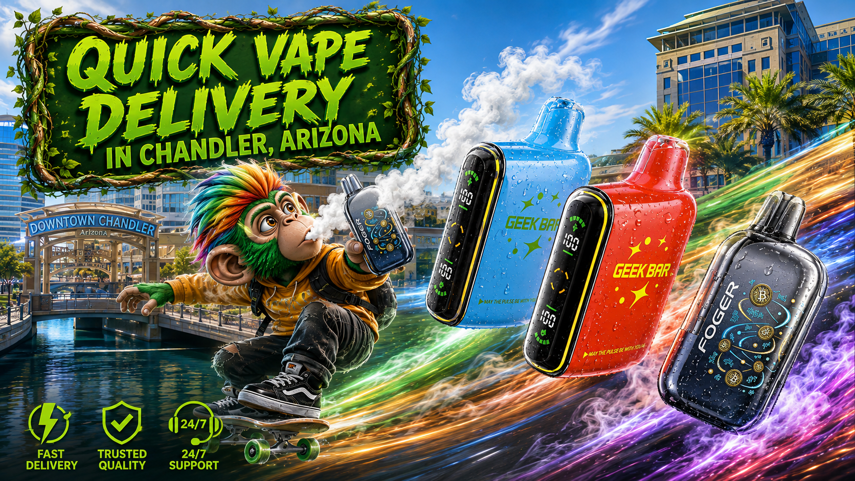 Quick Vape Delivery in Chandler, Arizona with Disposable Vape Devices Colorful disposable vape devices with a quick delivery theme and a modern Chandler, Arizona city backdrop.