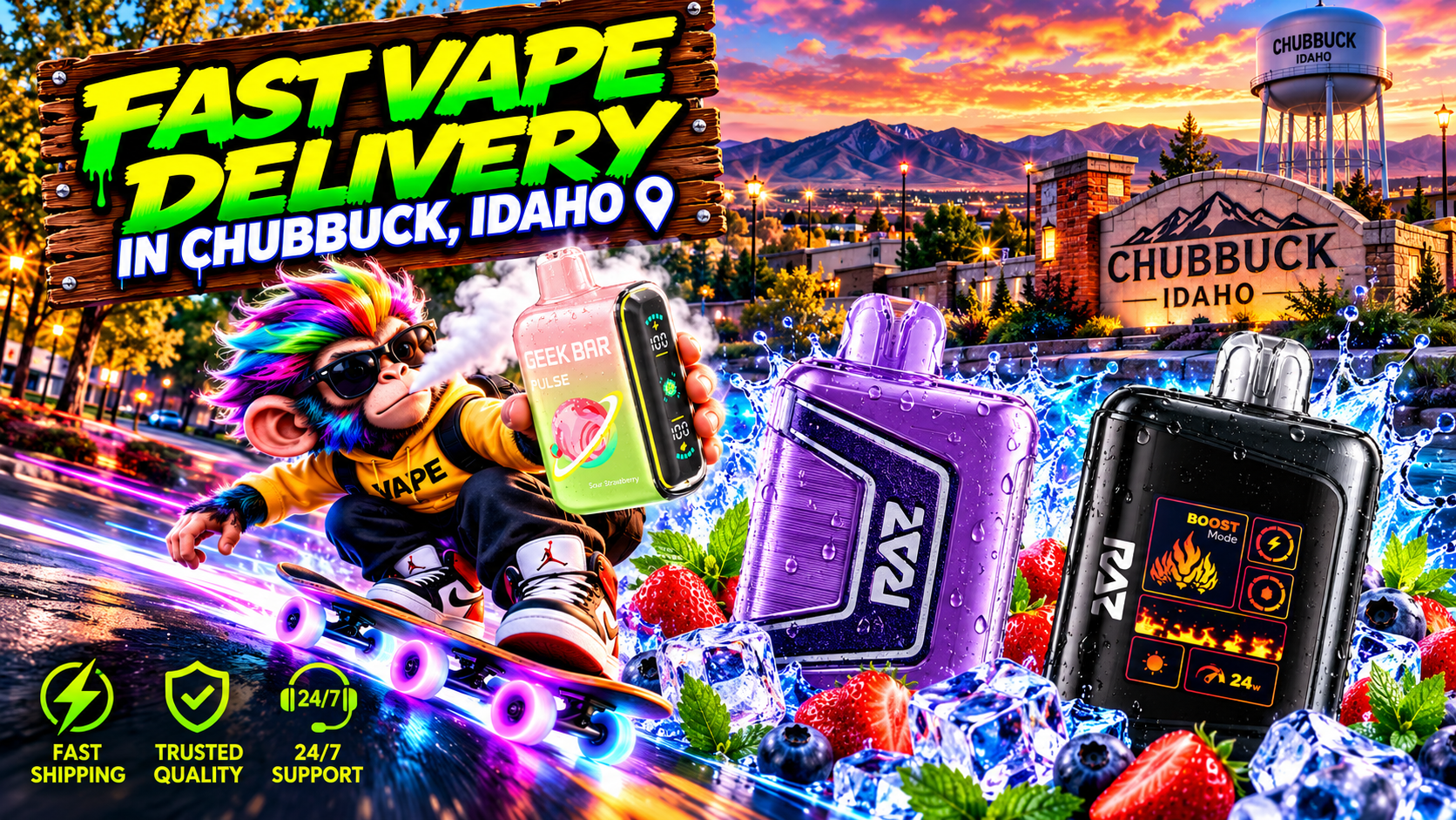 Chilled Device Collection at Sunset in Chubbuck, Idaho Purple, black, and pastel devices surrounded by water splashes and ice against a colorful Chubbuck sunset.