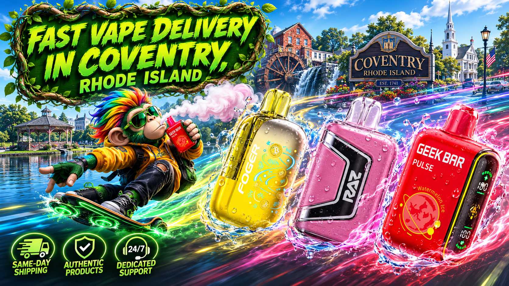 Fast Vape Delivery in Coventry, Rhode Island A vibrant promotional banner for Vapor Puffs featuring fast vape delivery in Coventry, Rhode Island. Three premium disposable vapes with realistic water droplets race through colorful energy trails against iconic Coventry landmarks, while a futuristic character rides a hoverboard holding a Geek Bar vape. The design highlights same-day shipping, authentic products, and dedicated customer support, emphasizing fast, reliable vape delivery across Coventry, RI.