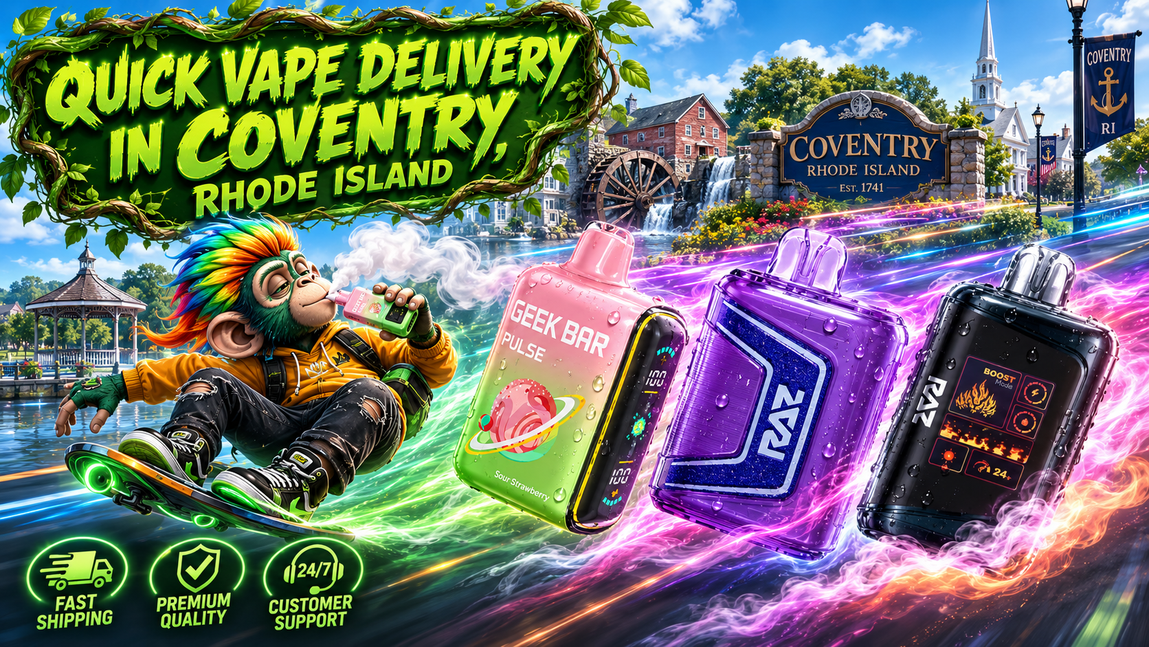 Quick Vape Delivery in Coventry, Rhode Island A colorful promotional banner showcasing quick vape delivery in Coventry, Rhode Island by Vapor Puffs. The artwork features three premium disposable vapes covered in realistic water droplets, racing through vibrant energy trails alongside a futuristic hoverboard rider enjoying a vape. The background highlights recognizable Coventry landmarks, while service icons emphasize fast shipping, premium-quality products, and 24/7 customer support, promoting convenient online vape shopping throughout Coventry, RI.