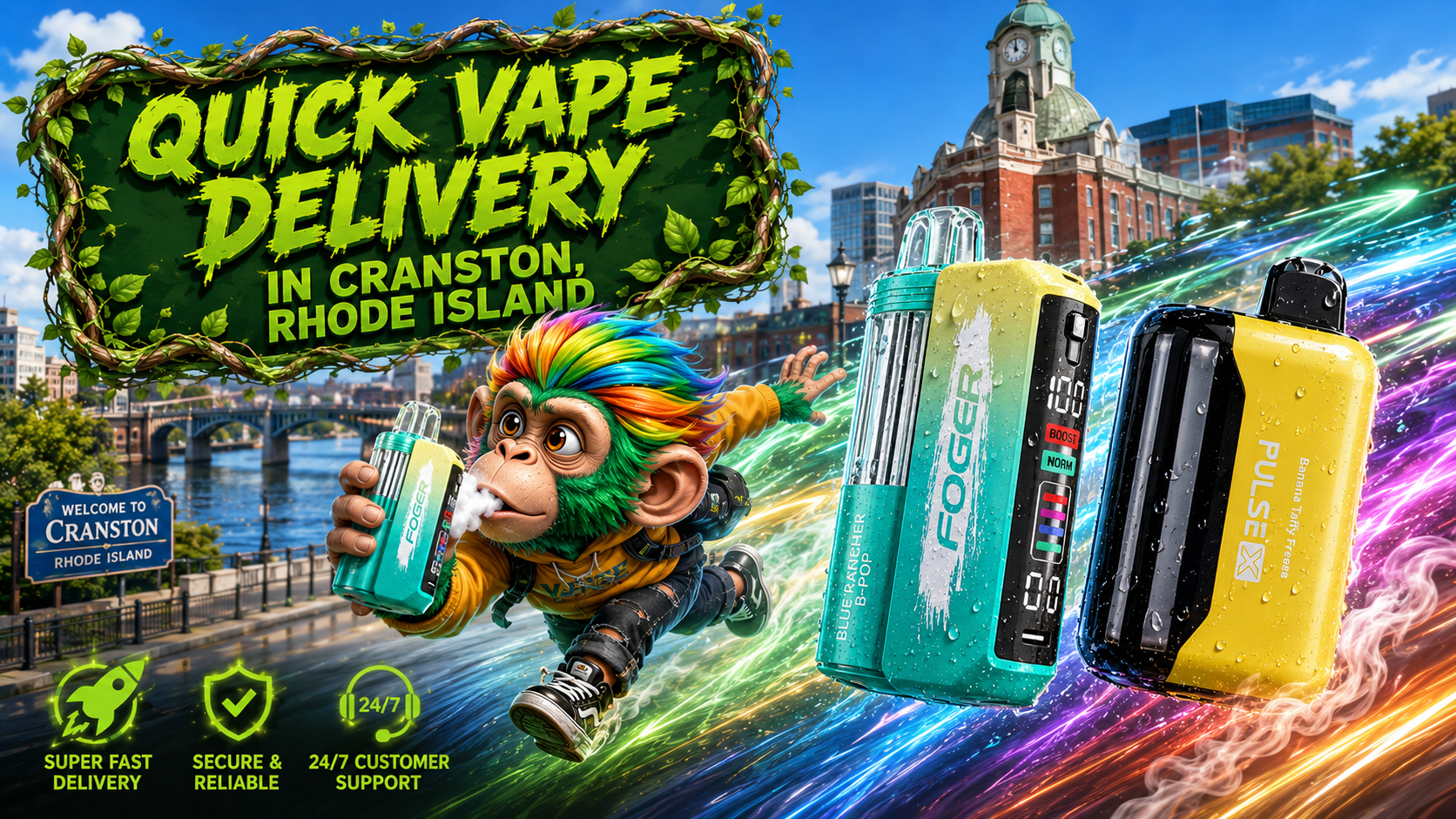 Quick Vape Delivery in Cranston, Rhode Island | Fast Disposable Vape Shipping A vibrant promotional banner for quick vape delivery in Cranston, Rhode Island, featuring colorful disposable vapes with water droplets, a futuristic flying monkey character holding a Foger vape, and iconic Cranston landmarks in the background. Bright energy trails, premium service icons, and bold typography highlight fast shipping, reliable service, and a wide selection of disposable vapes available online.