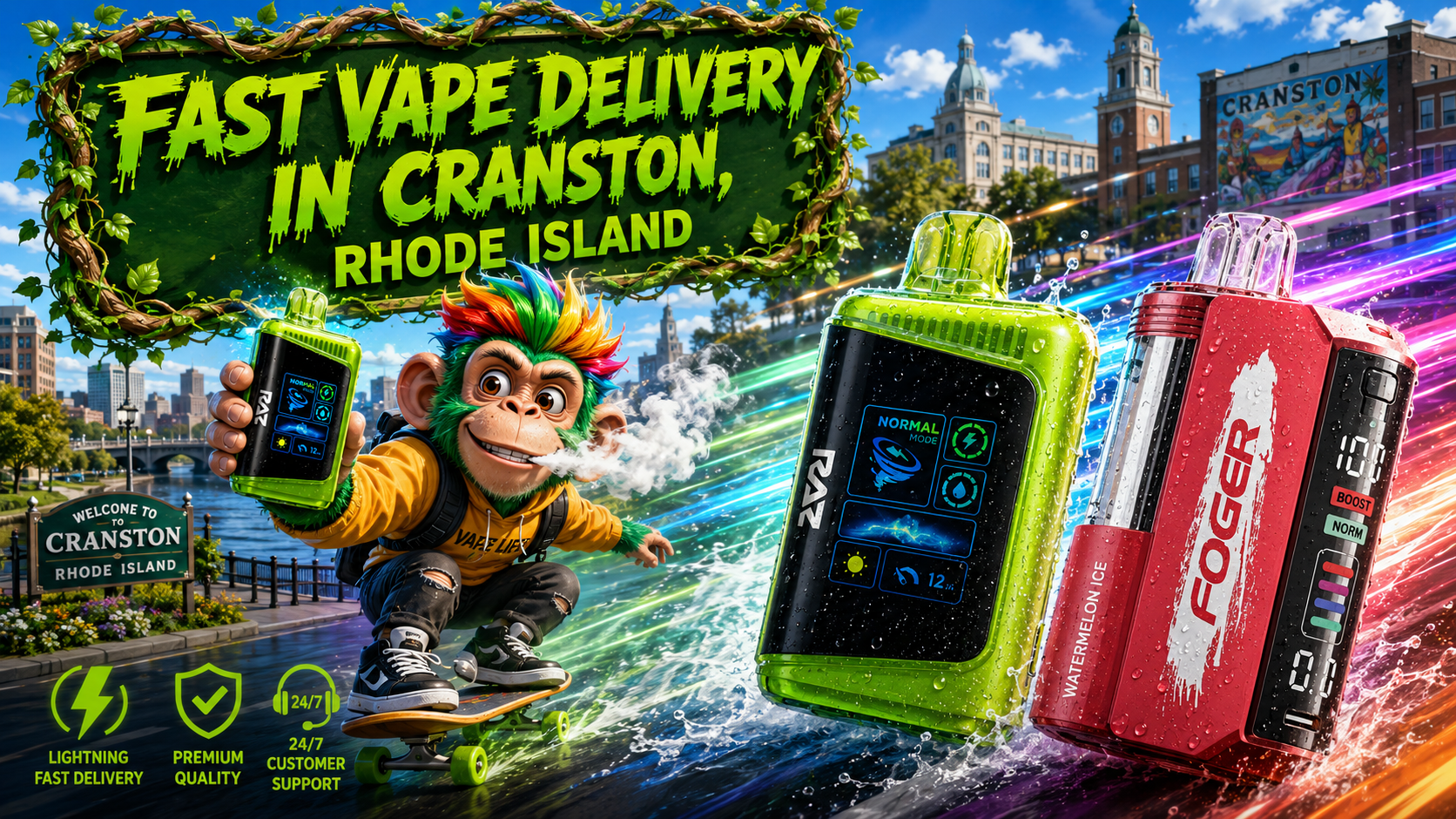 Fast Vape Delivery in Cranston, Rhode Island | Premium Disposable Vapes A colorful promotional banner showcasing fast vape delivery in Cranston, Rhode Island, featuring premium disposable vapes with vibrant energy trails, realistic water droplets, and a playful monkey riding a skateboard while holding a RAZ vape. Recognizable Cranston landmarks, bold green typography, and premium service icons emphasize quick shipping, high-quality products, and a trusted online vape shop with a wide selection of disposable vapes.