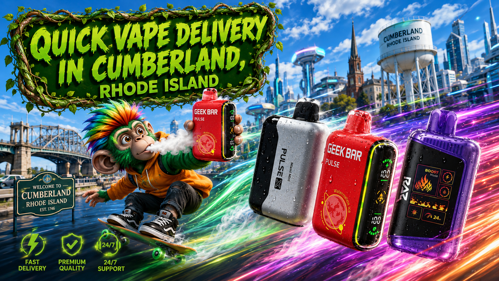 Quick Vape Delivery in Cumberland, Rhode Island A vibrant promotional banner for Vapor Puffs featuring fast vape delivery in Cumberland, Rhode Island. A colorful skateboard-riding mascot holds a Geek Bar vape while premium disposable vapes from brands including Geek Bar, RAZ, and Pulse X race through a futuristic cityscape with colorful energy trails. The background showcases recognizable Cumberland landmarks, including the Welcome to Cumberland sign and the town water tower, alongside modern skyline elements. Green service icons highlight fast delivery, premium quality, and 24/7 customer support, emphasizing a wide selection of authentic disposable vapes at competitive prices with same-day shipping and delivery within 1–5 business days.
