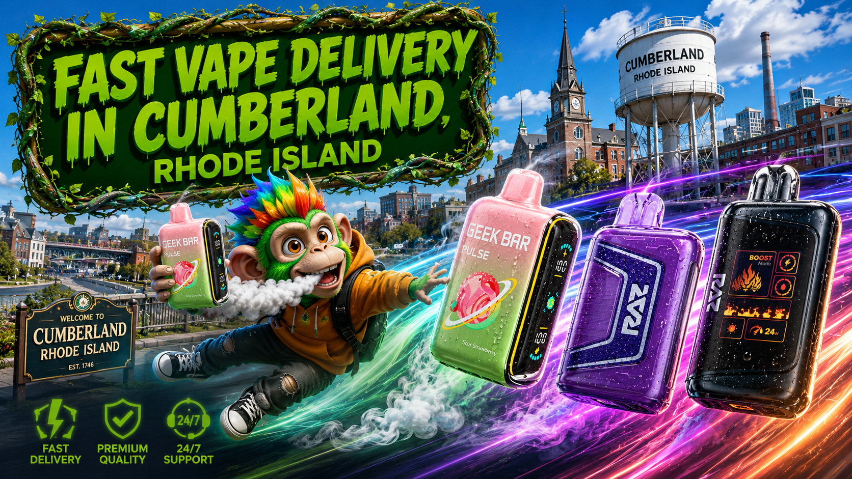 Fast Vape Delivery in Cumberland, Rhode Island A bold promotional banner advertising fast vape delivery in Cumberland, Rhode Island from Vapor Puffs. A colorful cartoon mascot flies through the city while holding a Geek Bar Pulse disposable vape, surrounded by premium disposable devices from Geek Bar, RAZ, and Pulse X with water droplets and vibrant energy trails. The background features recognizable Cumberland landmarks, including the Welcome to Cumberland sign, the historic church, and the Cumberland water tower beneath a bright blue sky. Service icons highlight fast delivery, premium quality, and 24/7 customer support, promoting authentic disposable vapes, competitive prices, same-day shipping, and reliable delivery within 1–5 business days.