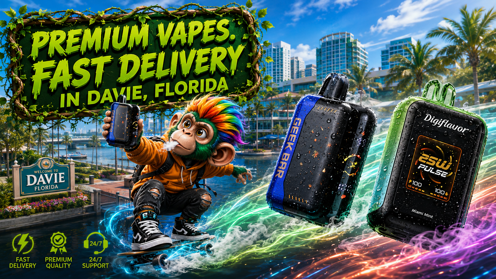 Premium Vape Devices in a Colorful Davie Waterfront Scene Water-detailed vape devices sweep through a vivid Davie waterfront scene with bright energy trails and city views.