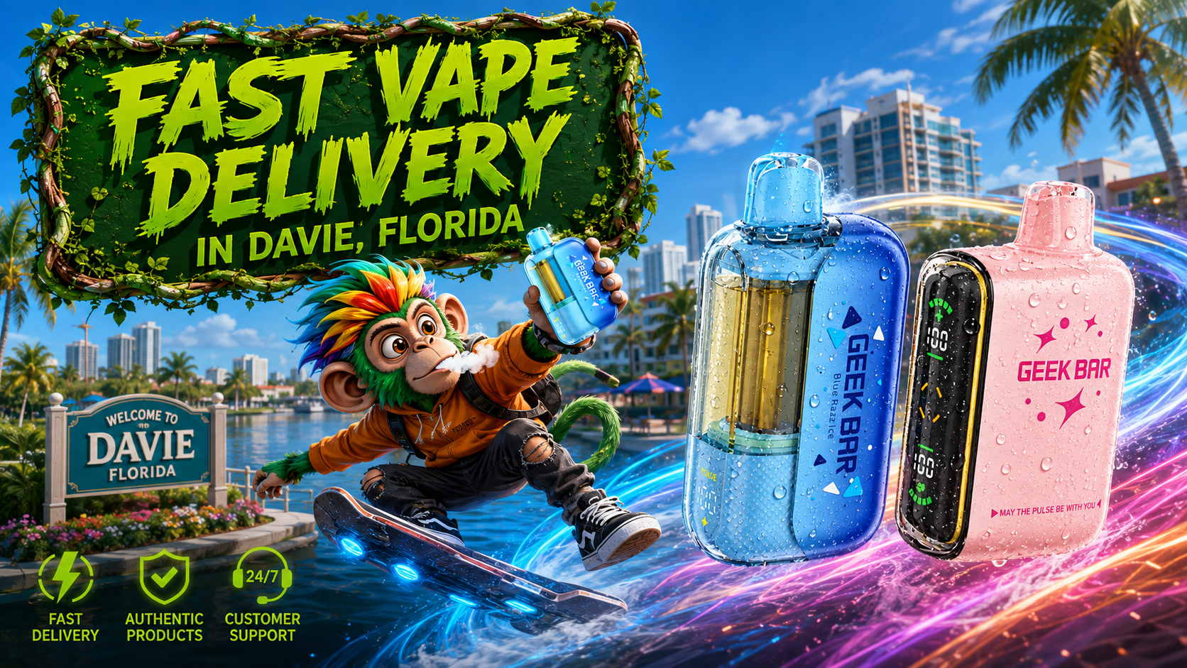 Water-Detailed Vape Devices in a Vibrant Davie, Florida Scene Water-detailed vape devices race through a bright Davie scene with colorful energy trails and a playful character.