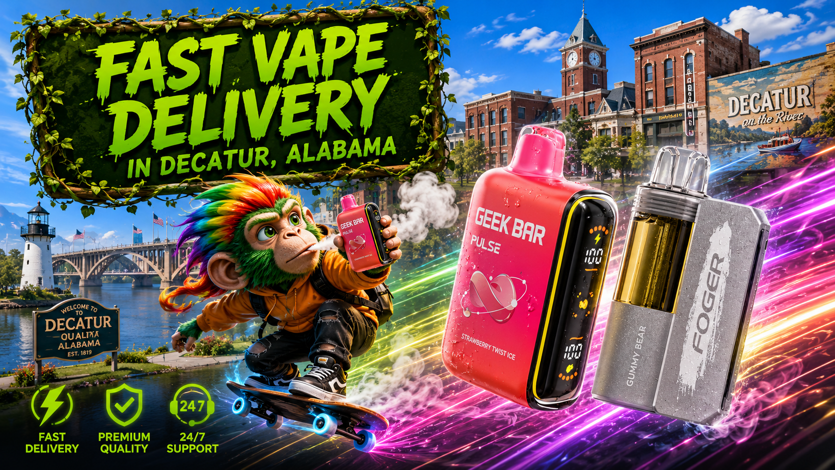 Disposable Vape Collection in Decatur, Alabama Colorful disposable vape devices with vibrant energy trails in front of Decatur, Alabama landmarks and waterfront scenery.