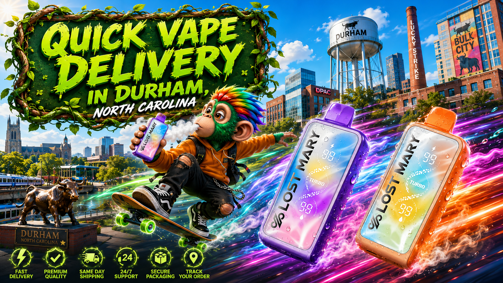 Quick Vape Delivery in Durham, North Carolina A vibrant promotional banner for Vapor Puffs featuring Quick Vape Delivery in Durham, North Carolina. The artwork showcases two colorful Lost Mary Turbo disposable vapes with water droplets racing through a futuristic Durham cityscape with glowing trails of energy and vapor. Famous local landmarks, including the Durham Water Tower, Lucky Strike Tower, Durham Bulls statue, and DPAC, create a recognizable city backdrop. A playful skateboard-riding mascot holds a vape while highlighting fast service, and green service icons emphasize fast delivery, premium quality, same-day shipping, 24/7 support, secure packaging, and order tracking.