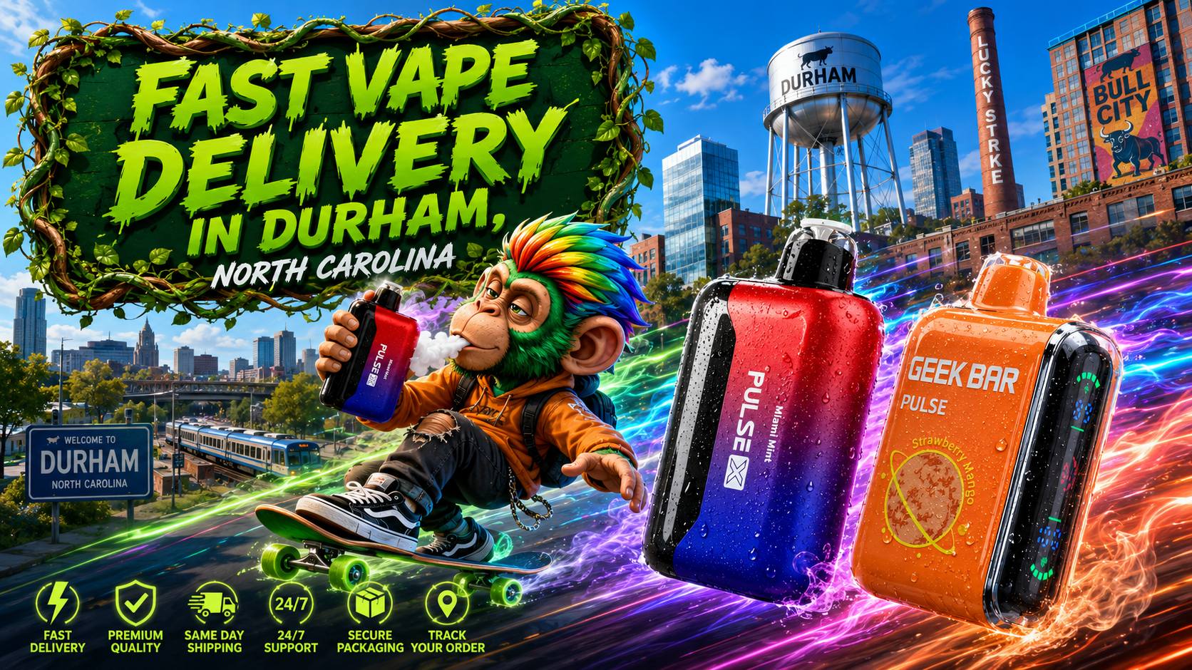 Fast Vape Delivery in Durham, North Carolina A colorful promotional banner for Vapor Puffs showcasing Fast Vape Delivery in Durham, North Carolina. The design features Geek Bar Pulse and Pulse X disposable vapes covered in realistic water droplets as they speed through a futuristic Durham skyline with vibrant trails of colorful energy and vapor. Iconic city landmarks, including the Durham Water Tower, Lucky Strike Tower, and the Bull City district, create a recognizable local backdrop. A playful skateboard-riding mascot enjoys a vape while highlighting premium service, and bright green icons emphasize fast delivery, premium quality, same-day shipping, 24/7 support, secure packaging, and order tracking.
