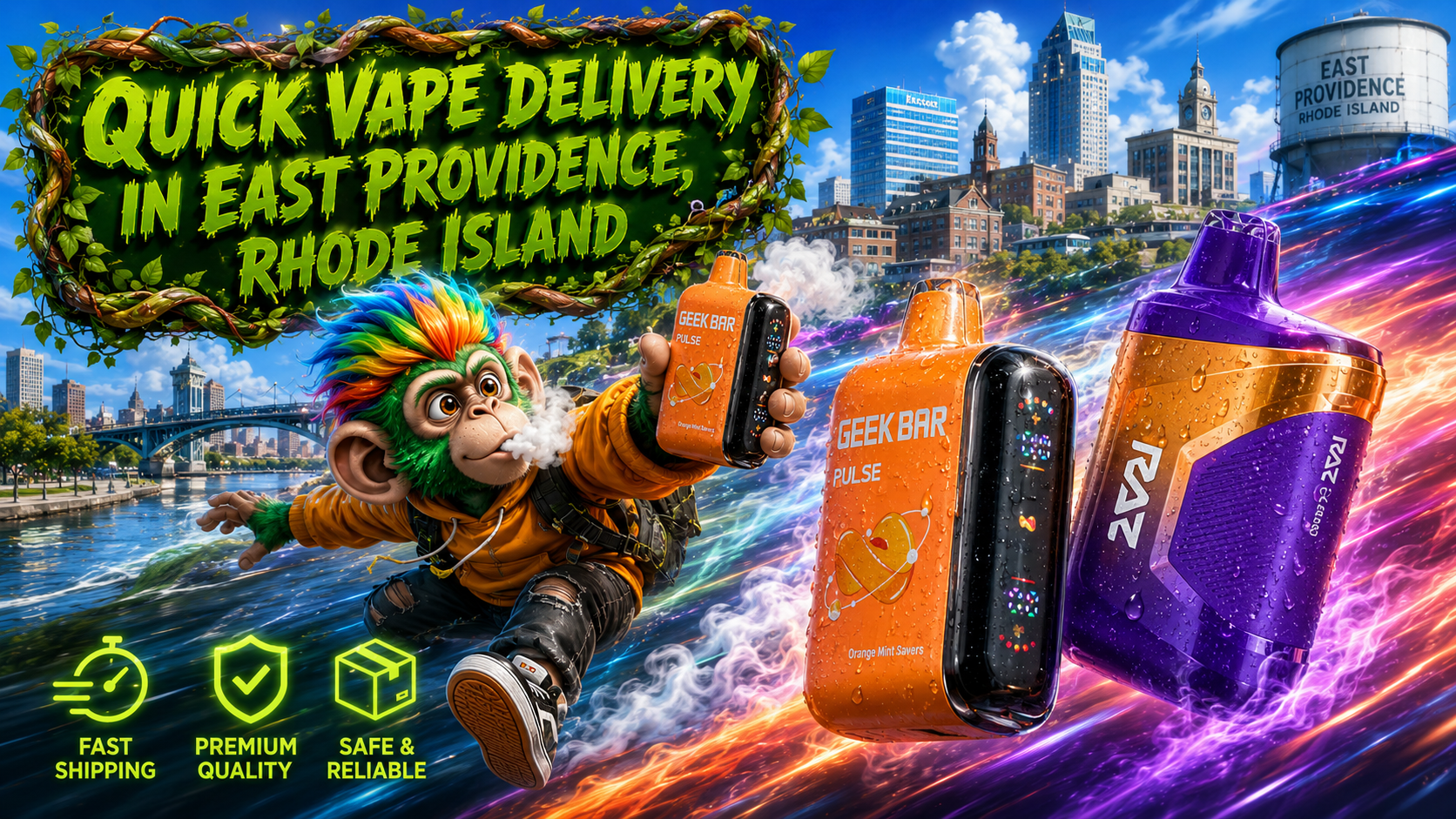 Quick Vape Delivery in East Providence, Rhode Island A vibrant promotional banner for Vapor Puffs featuring quick vape delivery in East Providence, Rhode Island. The image showcases premium disposable vapes from Geek Bar and RAZ with realistic water droplets, colorful energy trails, and a futuristic city backdrop highlighting East Providence landmarks. A dynamic flying mascot holds a vape while bright green typography, framed with vines, promotes fast shipping, premium quality, and reliable service.